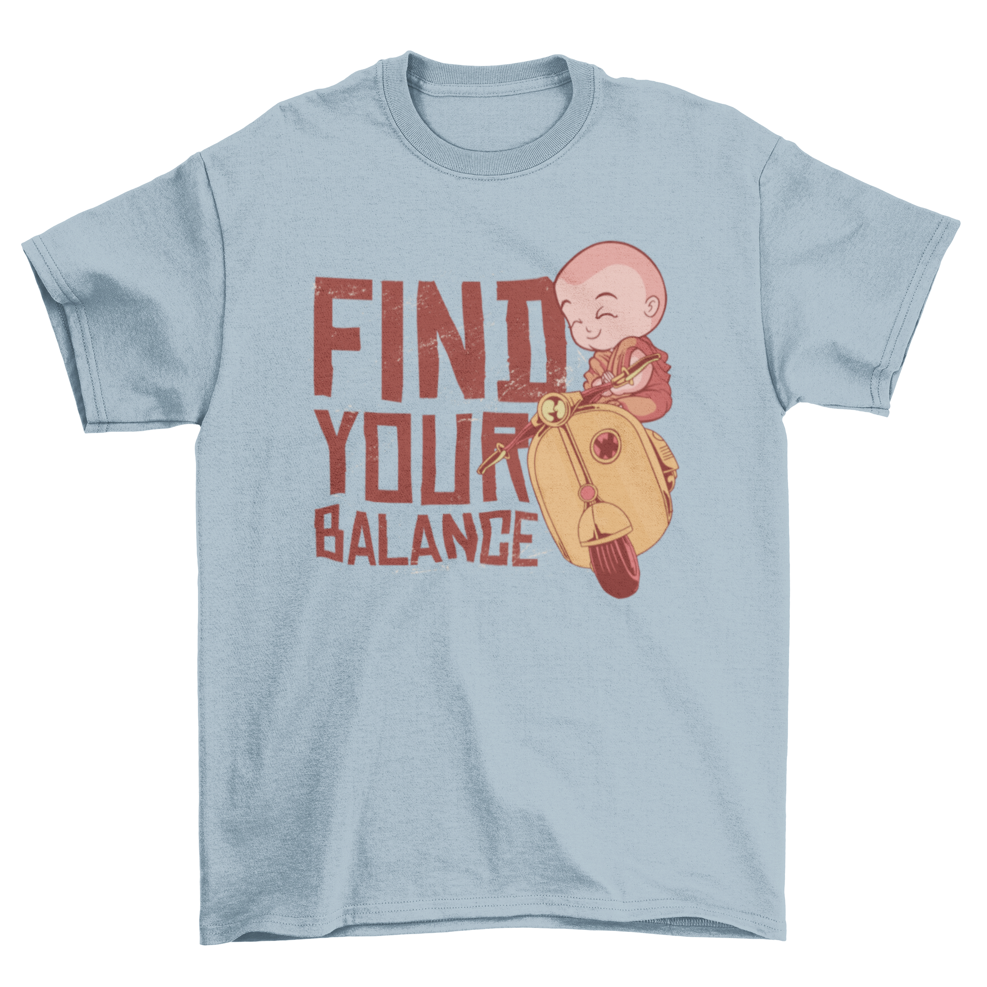 Balance T-Shirt featuring a monk on a motorbike with the quote 'Find your balance'.