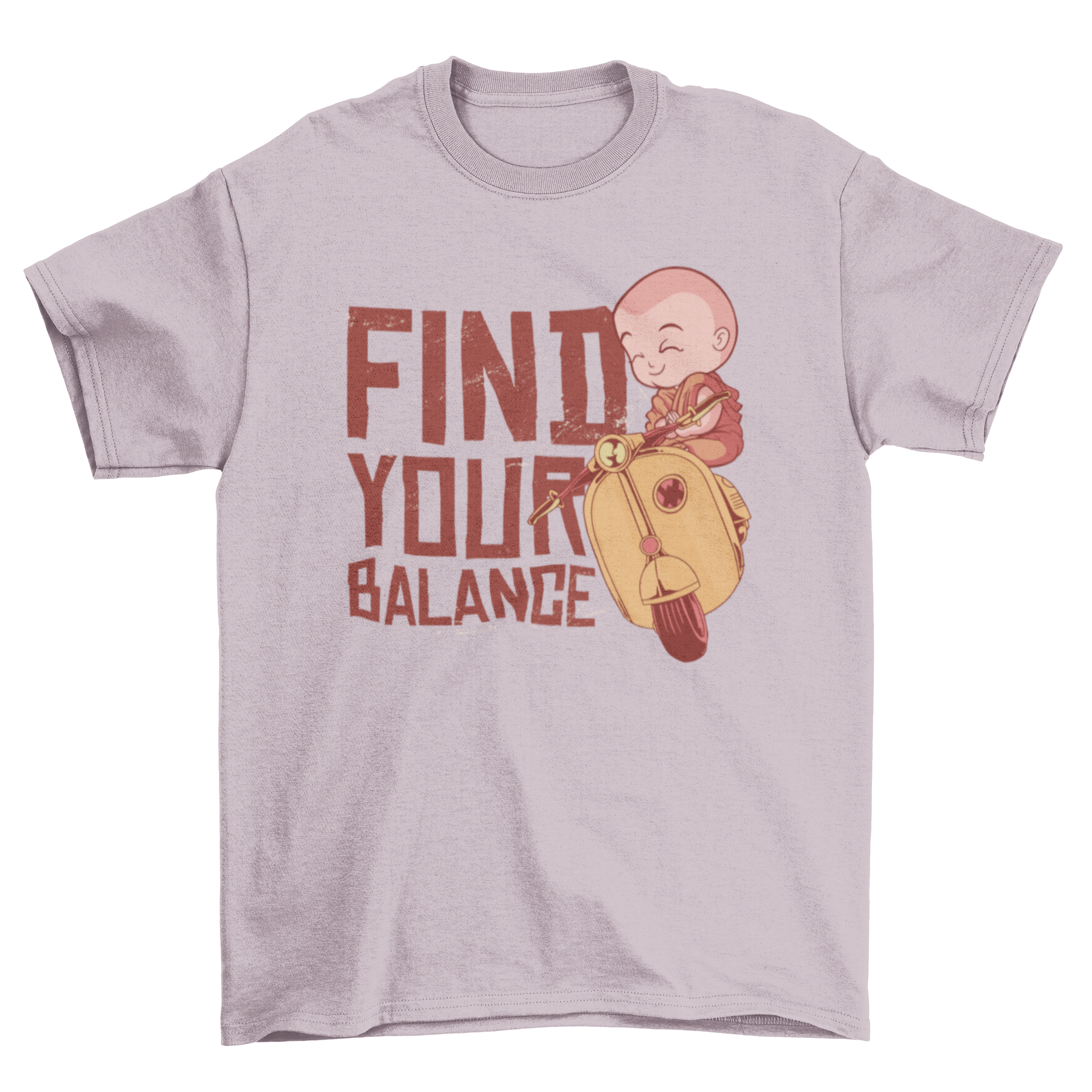 Balance T-Shirt featuring a monk on a motorbike with the quote 'Find your balance'.