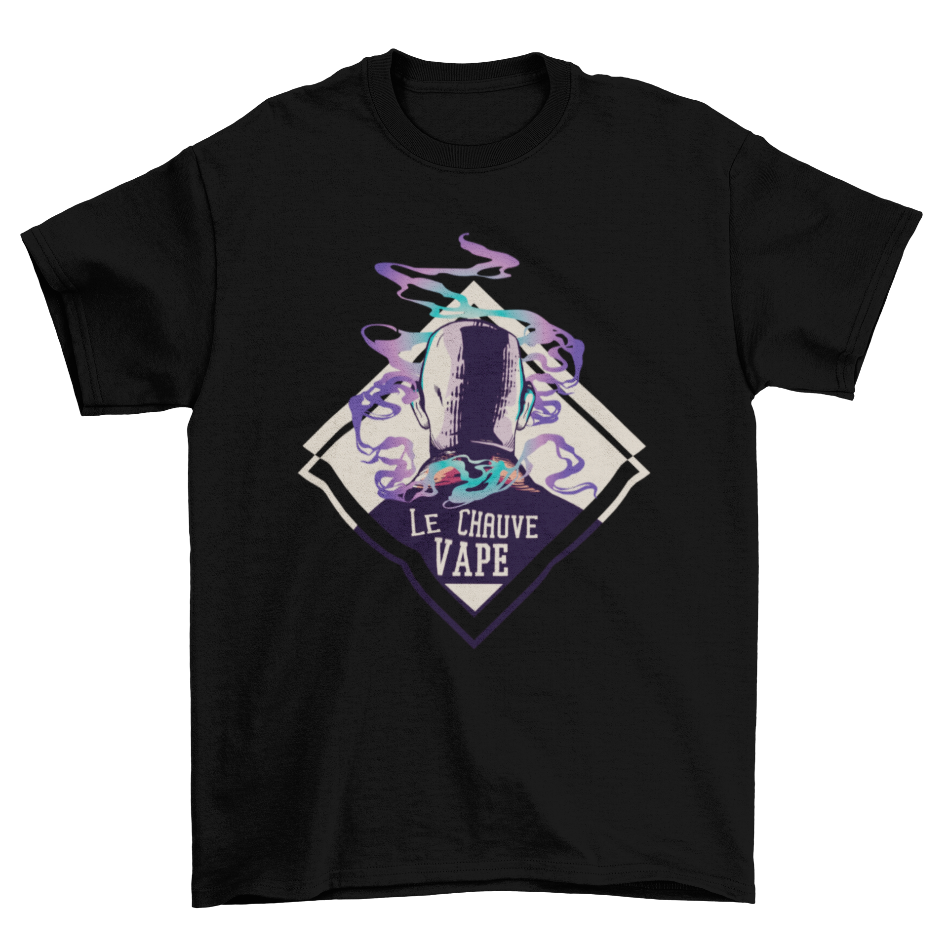 Bald Vape T-shirt featuring the quote 'Le chauve vape' in stylish typography.