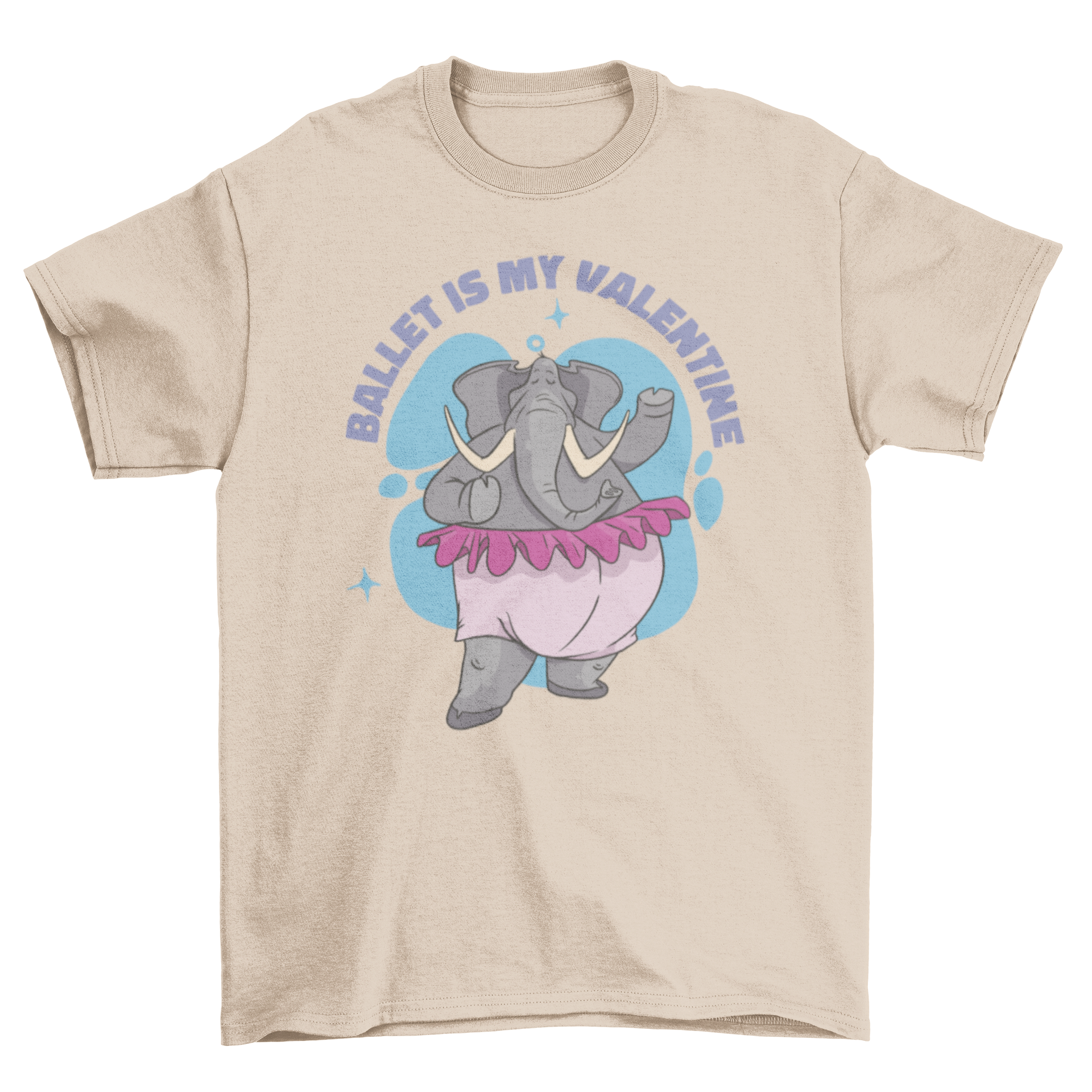 A cute elephant character in ballet attire with a tutu and ballet shoes, featuring the quote 'Ballet is my valentine' on a stylish t-shirt.