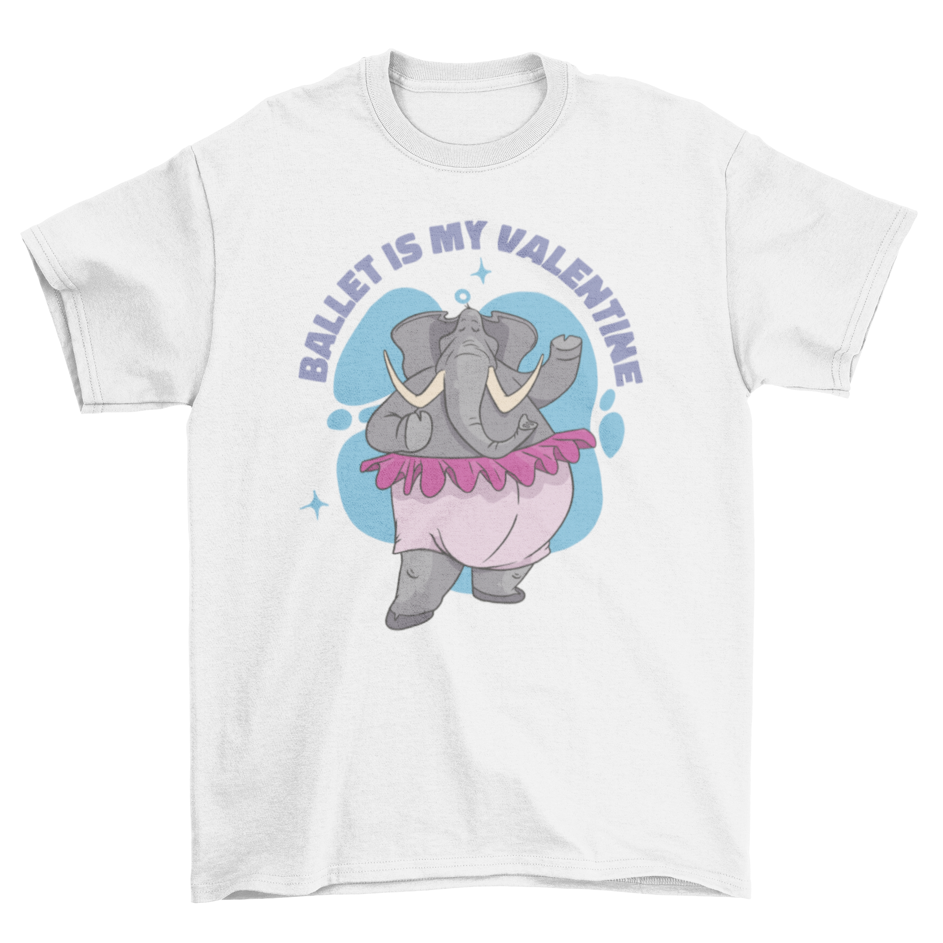 A cute elephant character in ballet attire with a tutu and ballet shoes, featuring the quote 'Ballet is my valentine' on a stylish t-shirt.