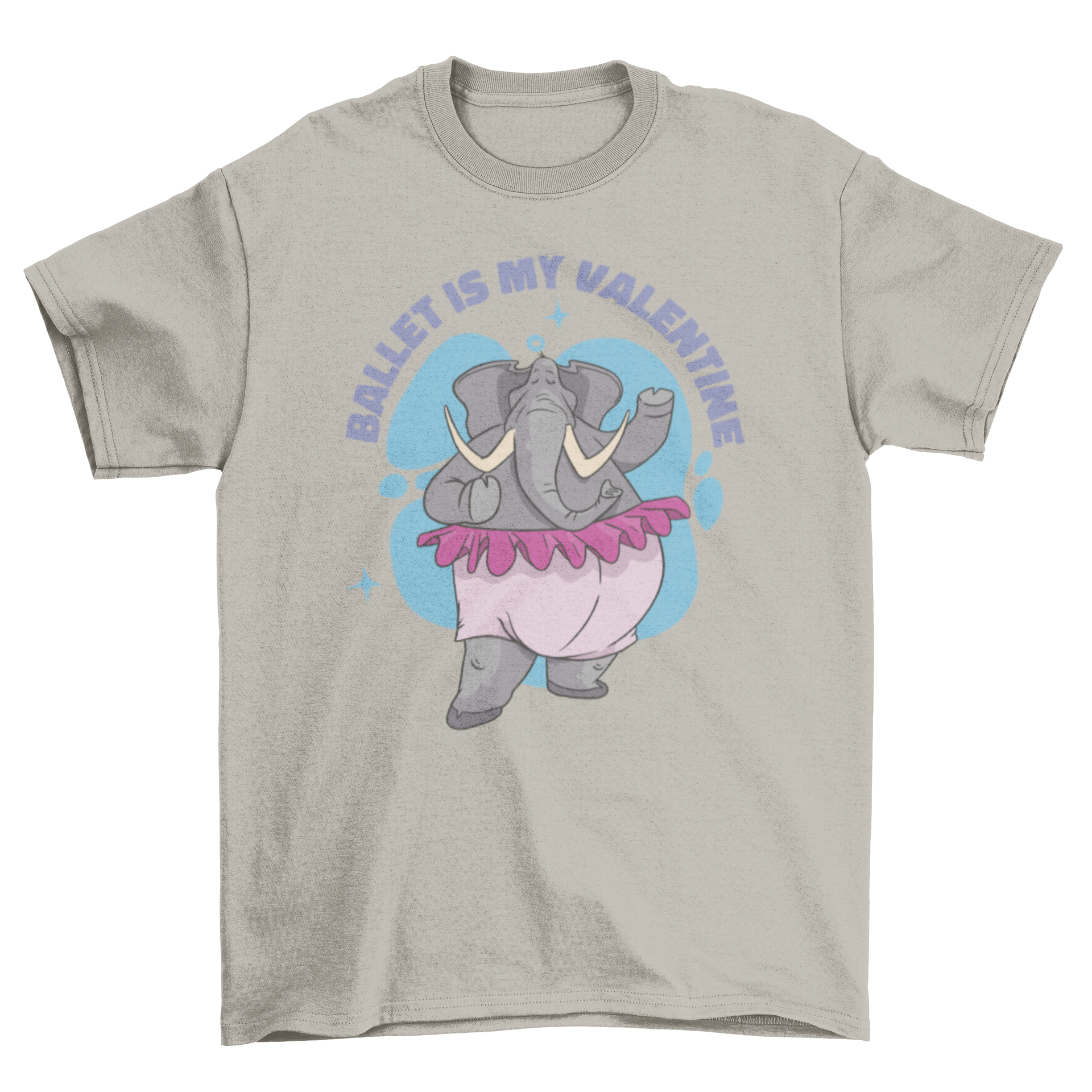 A cute elephant character in ballet attire with a tutu and ballet shoes, featuring the quote 'Ballet is my valentine' on a stylish t-shirt.