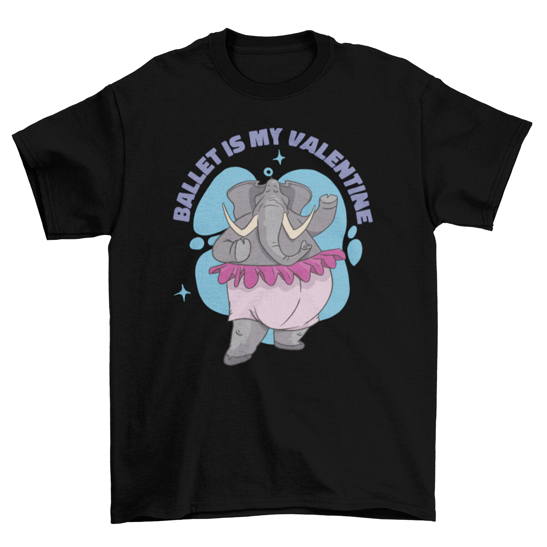 A cute elephant character in ballet attire with a tutu and ballet shoes, featuring the quote 'Ballet is my valentine' on a stylish t-shirt.