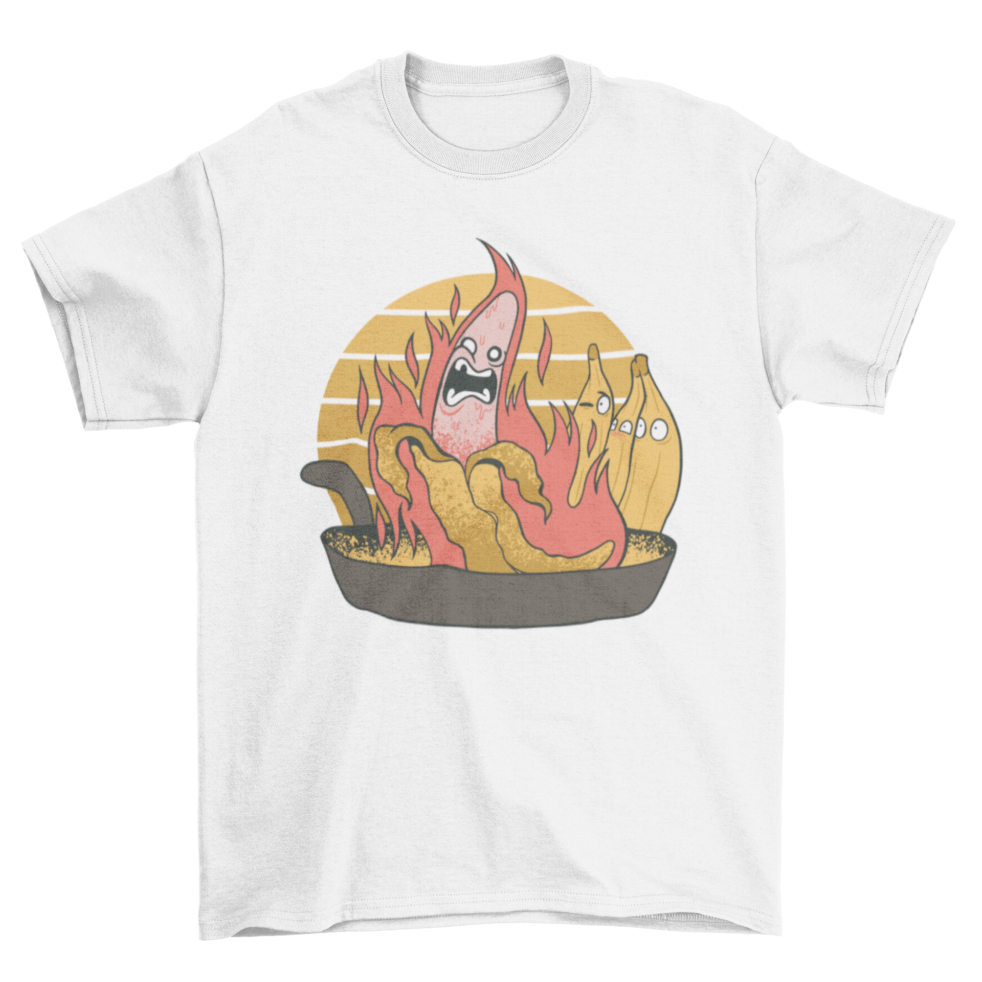 A vibrant t-shirt featuring a cartoon banana on fire above a frying pan, perfect for cooking enthusiasts.