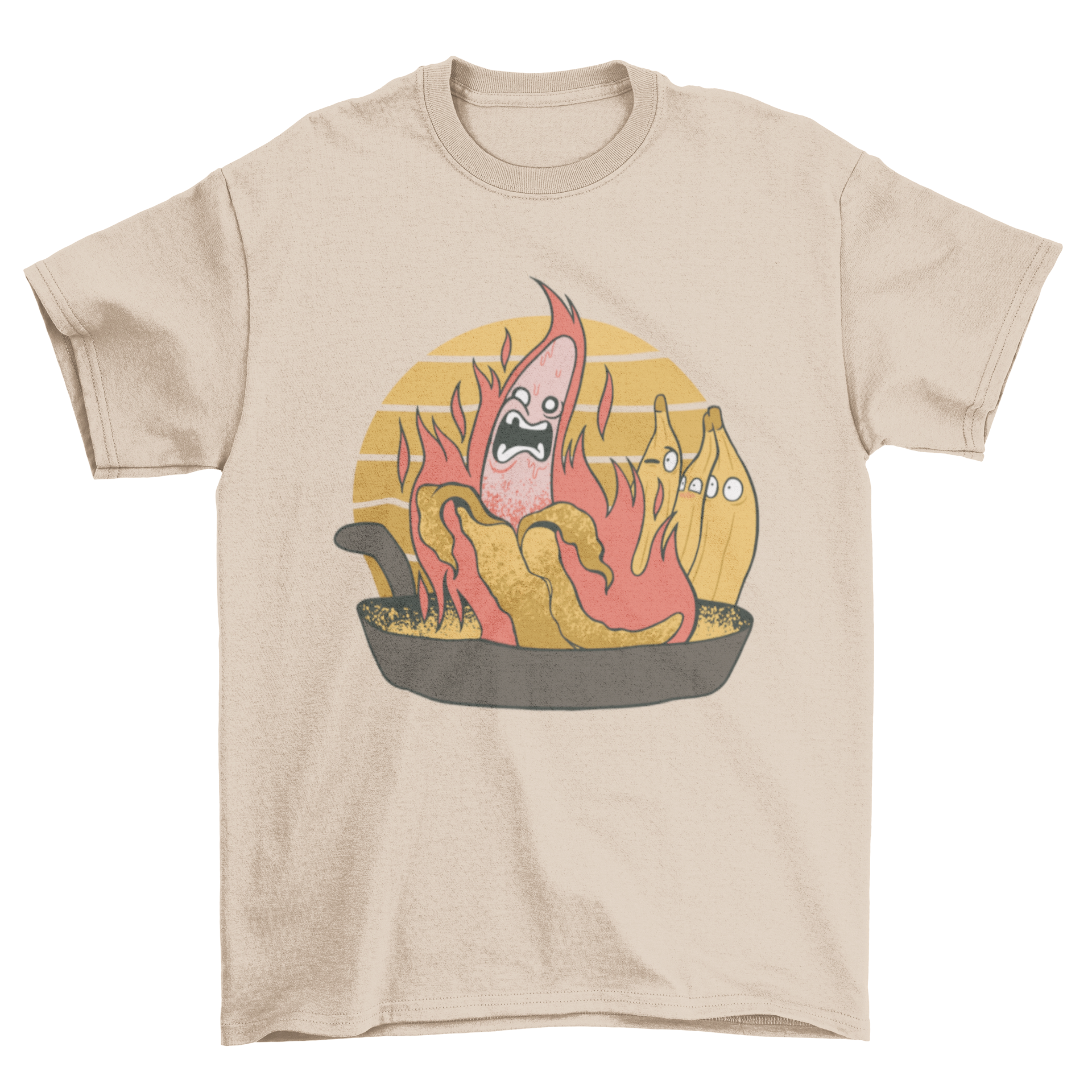 A vibrant t-shirt featuring a cartoon banana on fire above a frying pan, perfect for cooking enthusiasts.