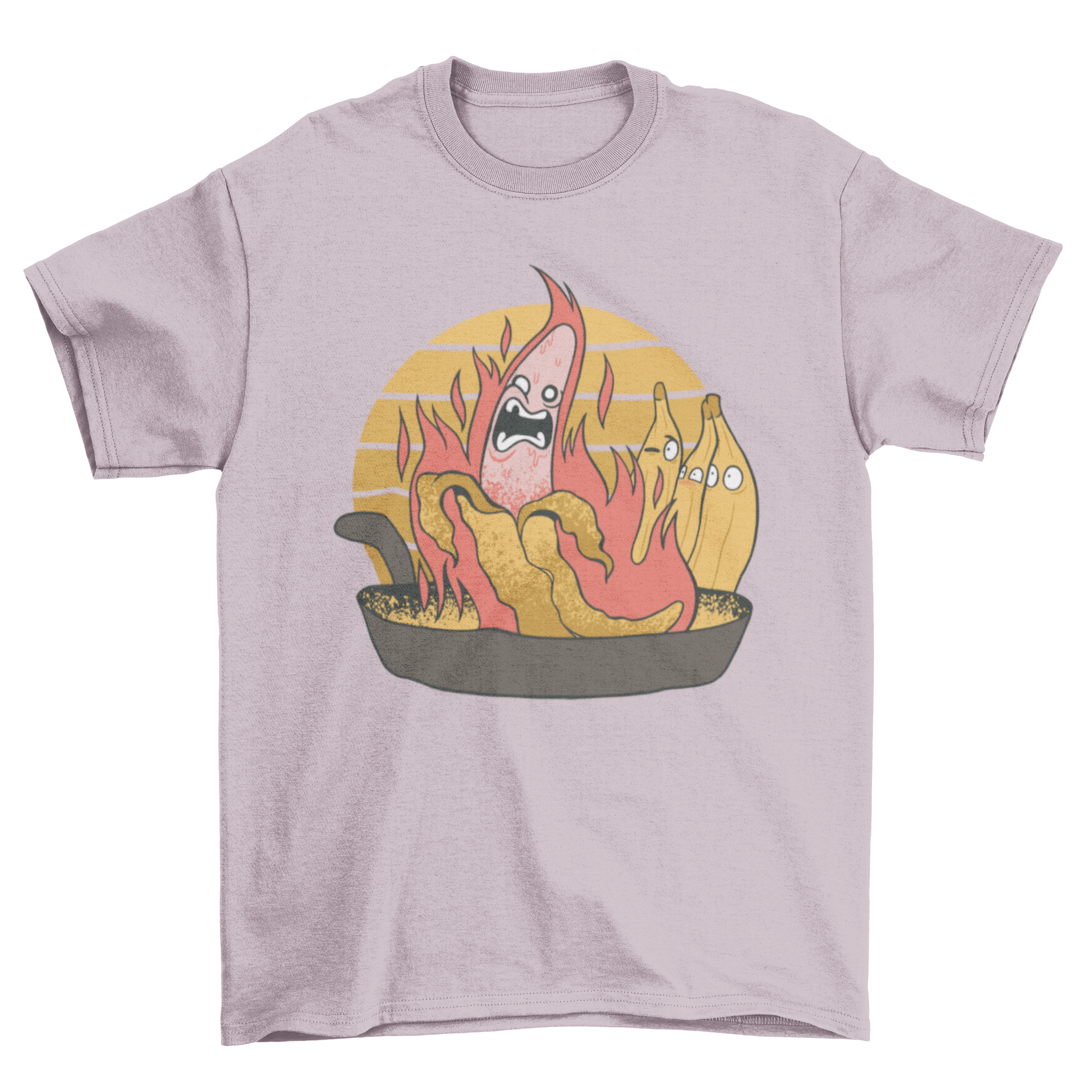 A vibrant t-shirt featuring a cartoon banana on fire above a frying pan, perfect for cooking enthusiasts.