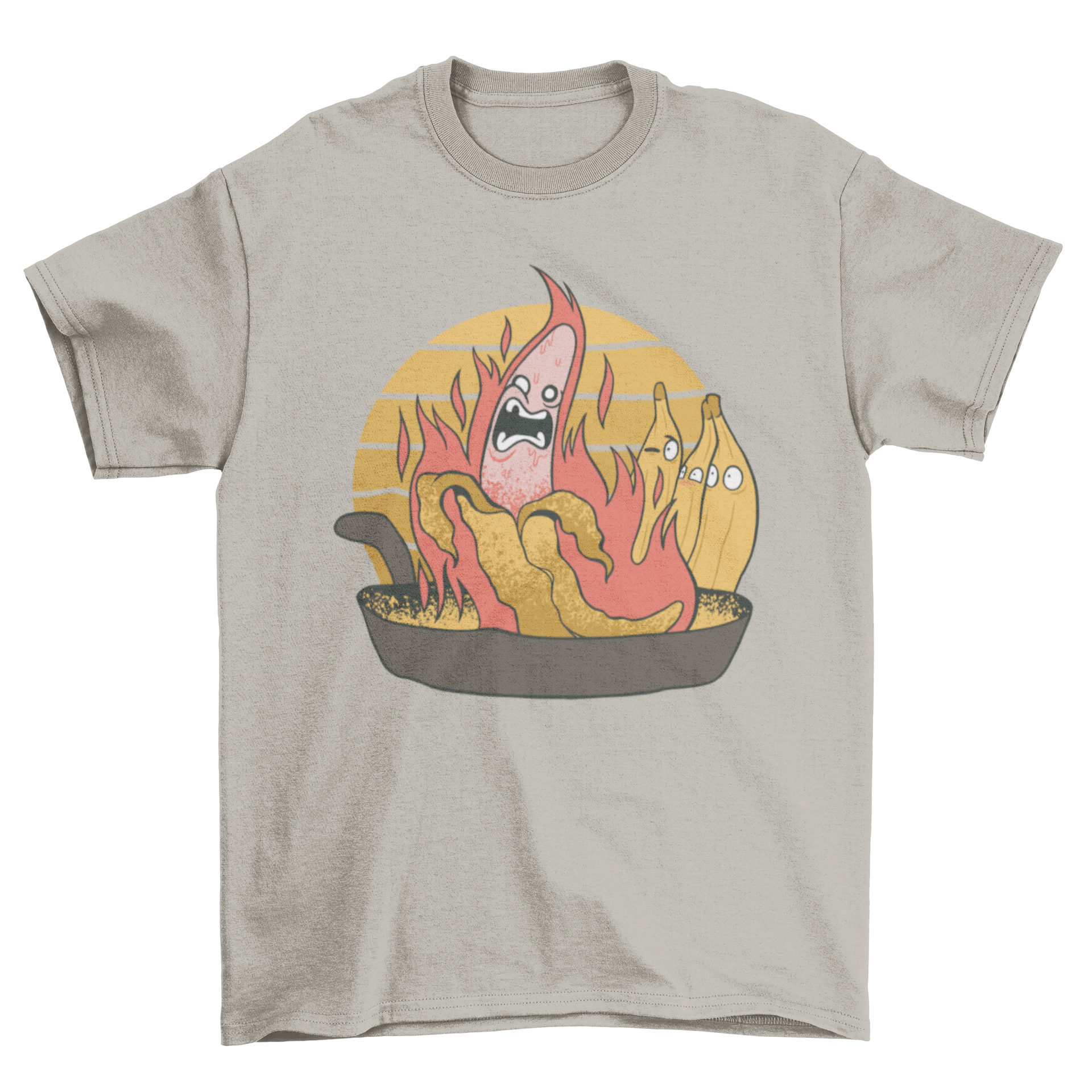 A vibrant t-shirt featuring a cartoon banana on fire above a frying pan, perfect for cooking enthusiasts.