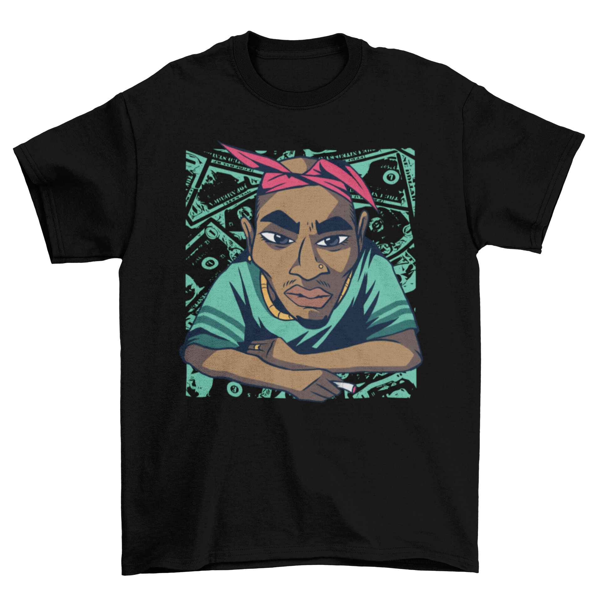 Bandanna Guy T-shirt featuring a man with arms crossed wearing a red bandanna, showcasing hip hop style.