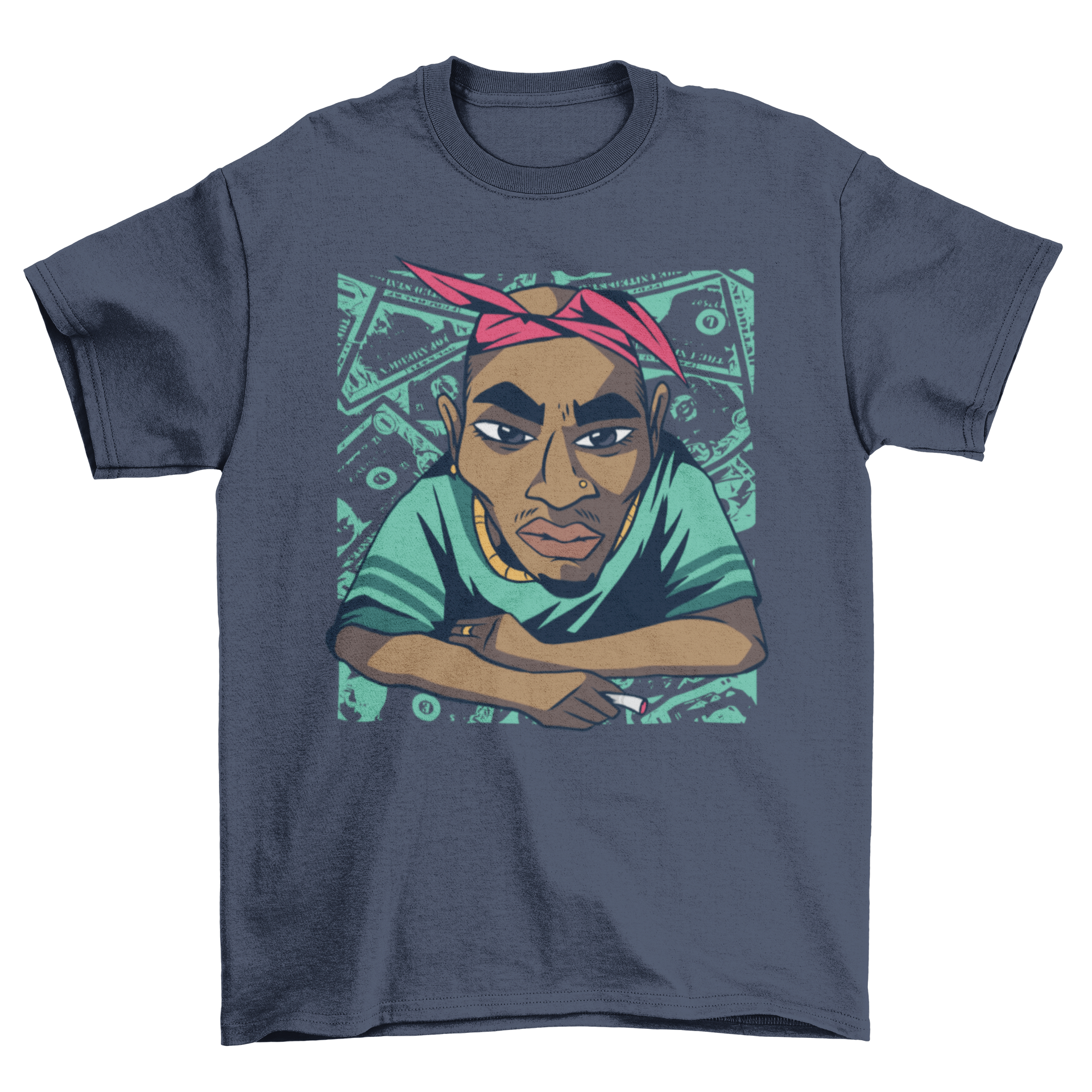 Bandanna Guy T-shirt featuring a man with arms crossed wearing a red bandanna, showcasing hip hop style.