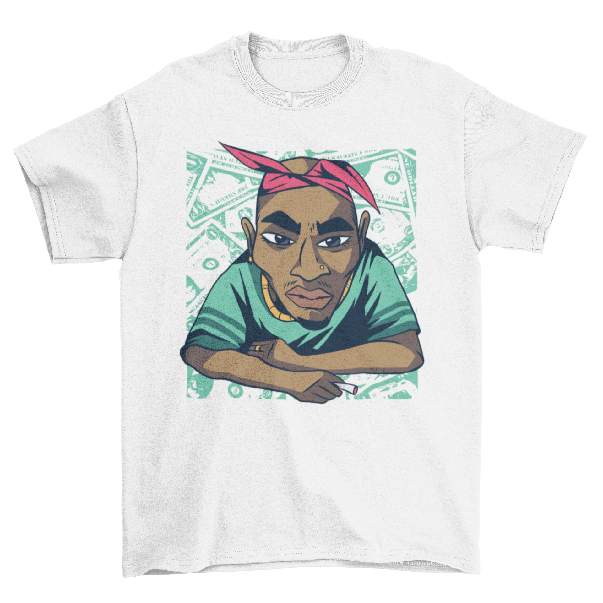 Bandanna Guy T-shirt featuring a man with arms crossed wearing a red bandanna, showcasing hip hop style.