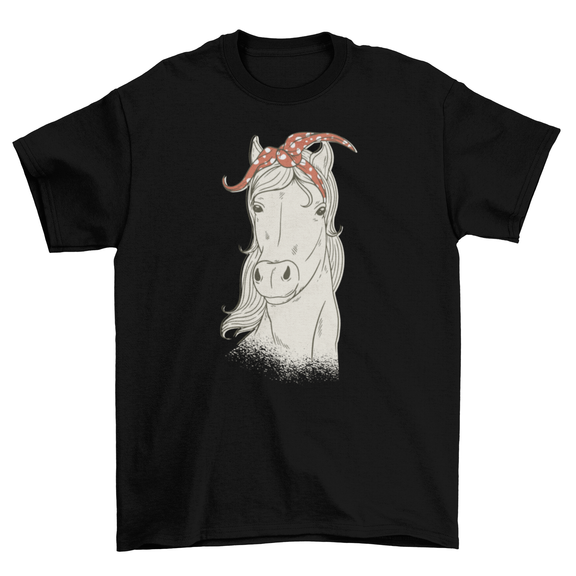 A stylish t-shirt featuring a hand-drawn horse illustration with a dotted red and white bandana.