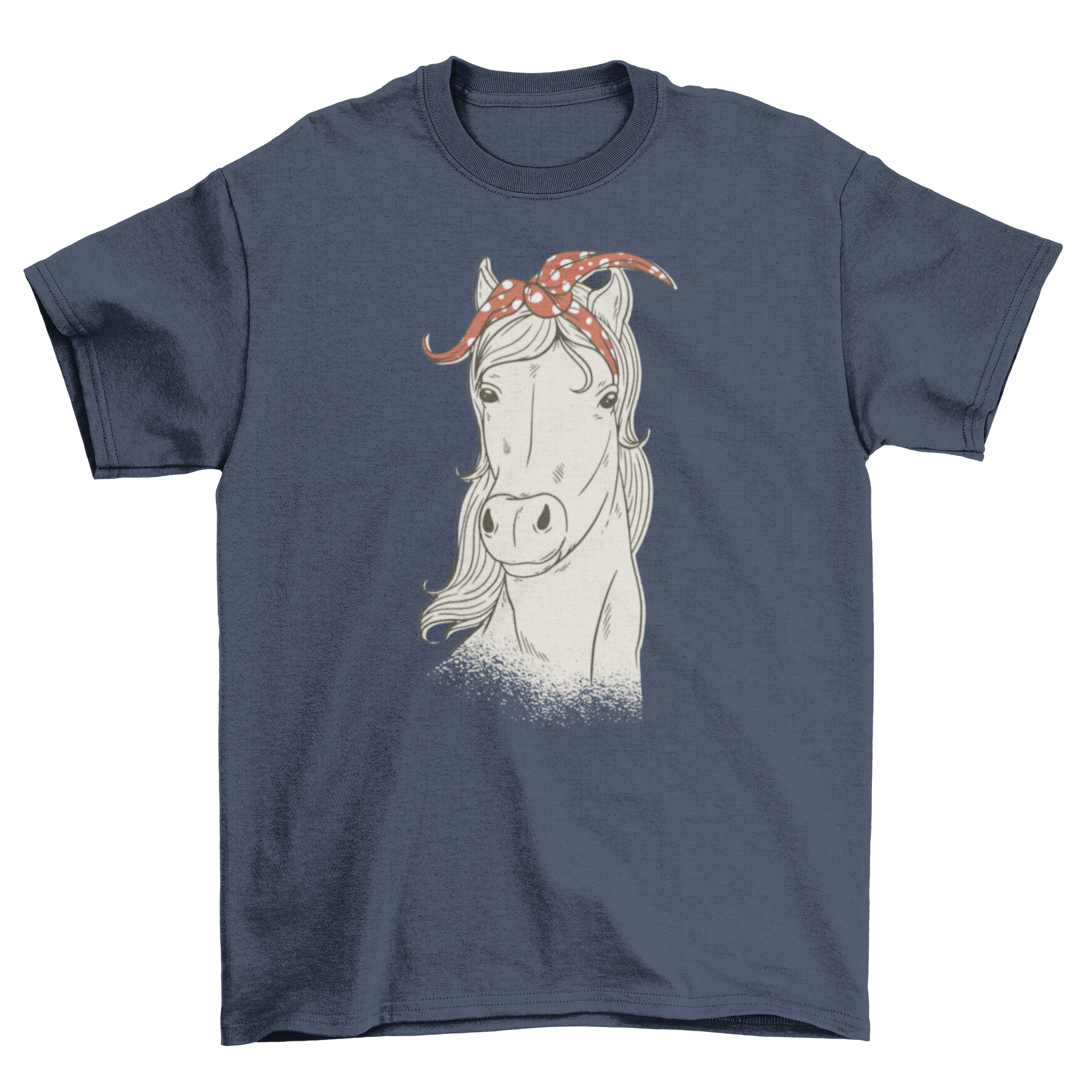 A stylish t-shirt featuring a hand-drawn horse illustration with a dotted red and white bandana.