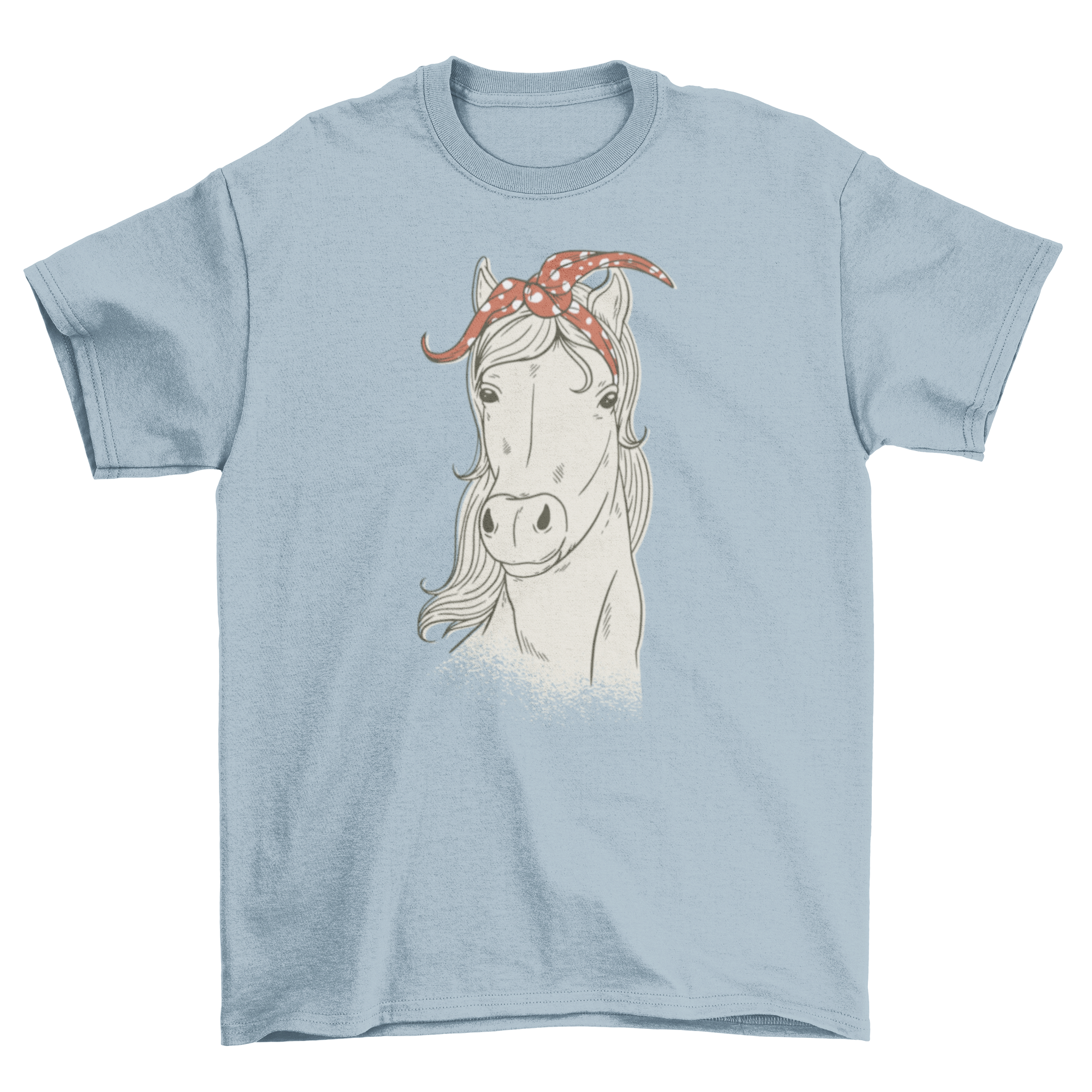 A stylish t-shirt featuring a hand-drawn horse illustration with a dotted red and white bandana.