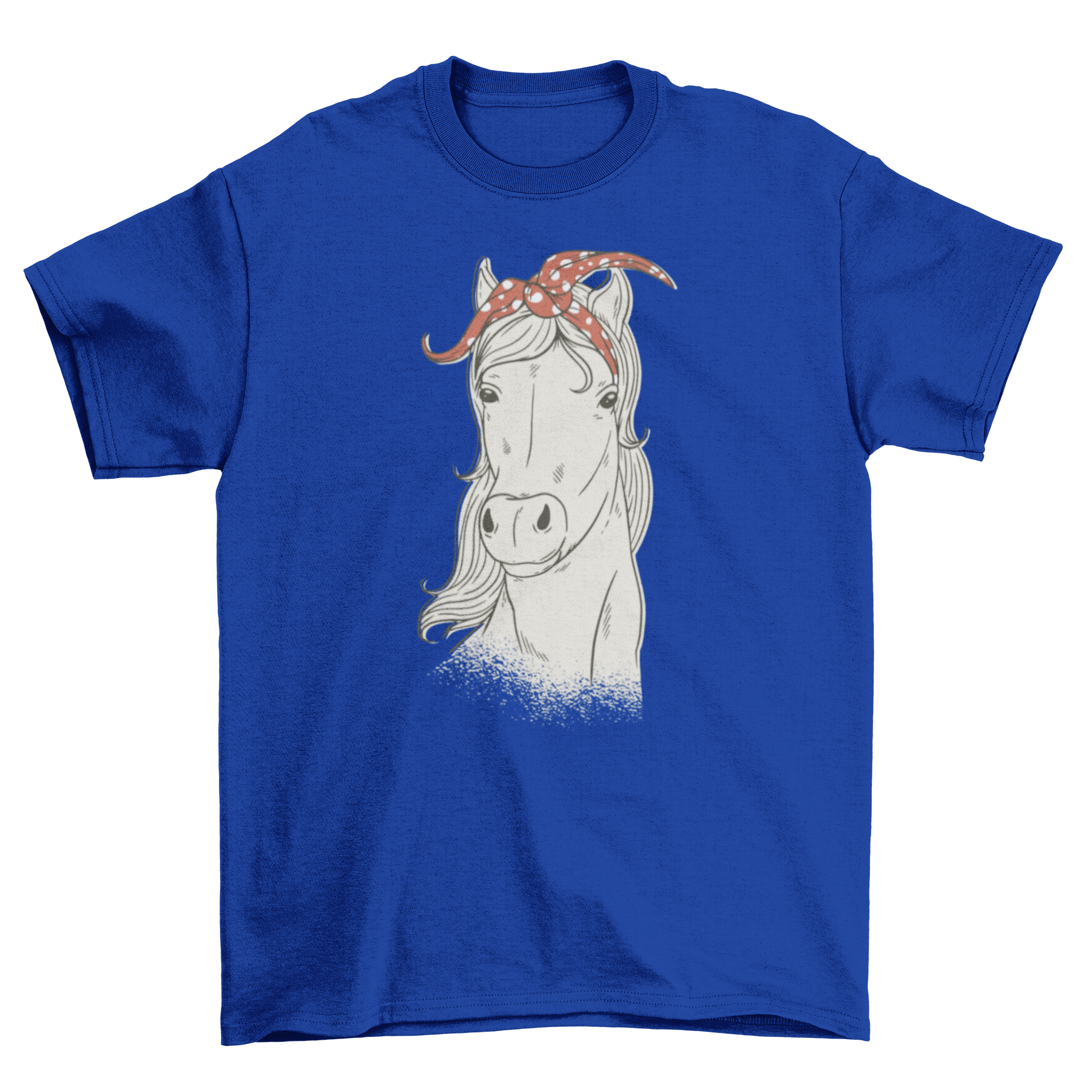 A stylish t-shirt featuring a hand-drawn horse illustration with a dotted red and white bandana.