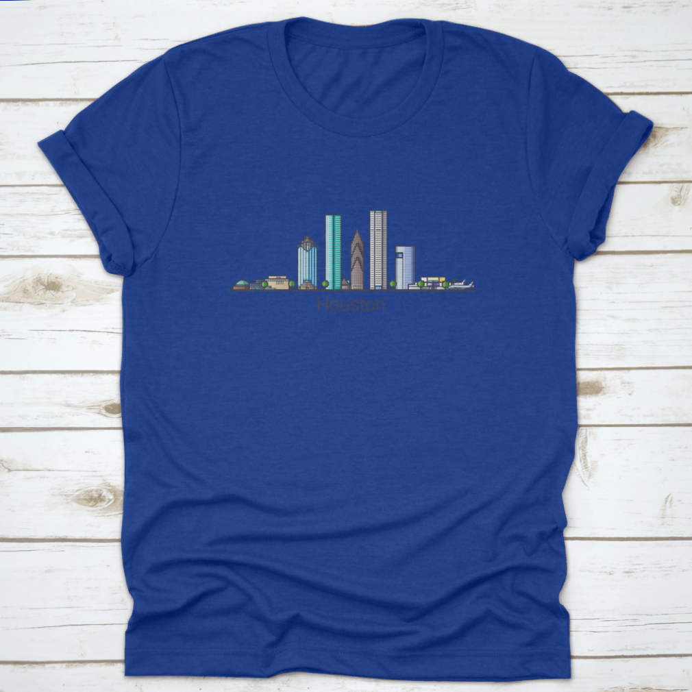 Stylish flat line design banner showcasing Houston's skyline in trendy colors, made from high-quality cotton fabric.