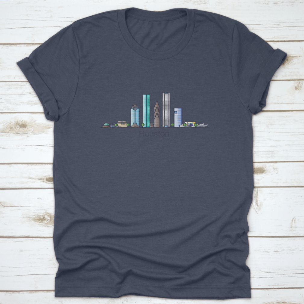 Stylish flat line design banner showcasing Houston's skyline in trendy colors, made from high-quality cotton fabric.