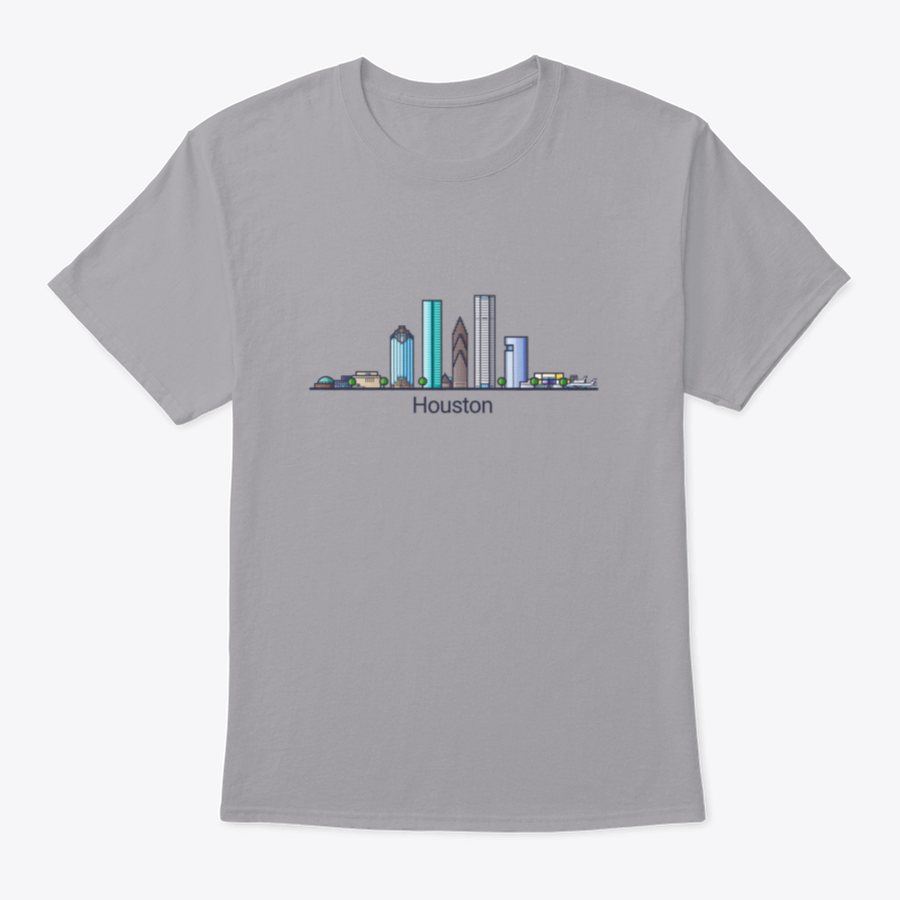 Stylish flat line design banner showcasing Houston's skyline in trendy colors, made from high-quality cotton fabric.