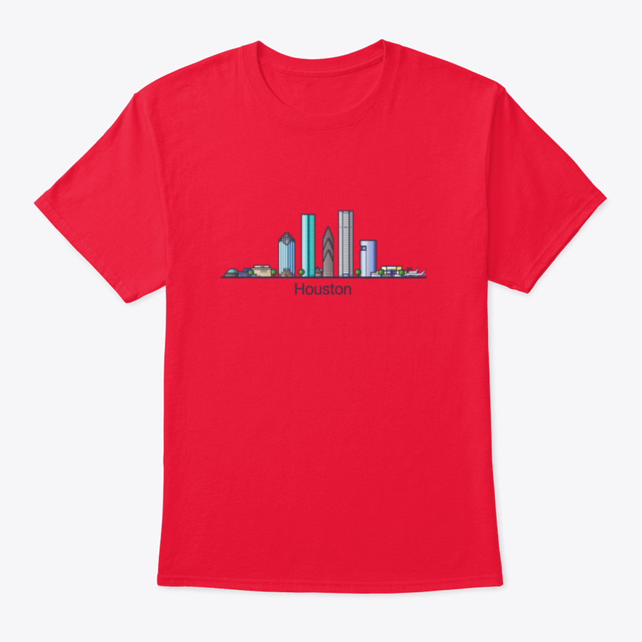 Stylish flat line design banner showcasing Houston's skyline in trendy colors, made from high-quality cotton fabric.