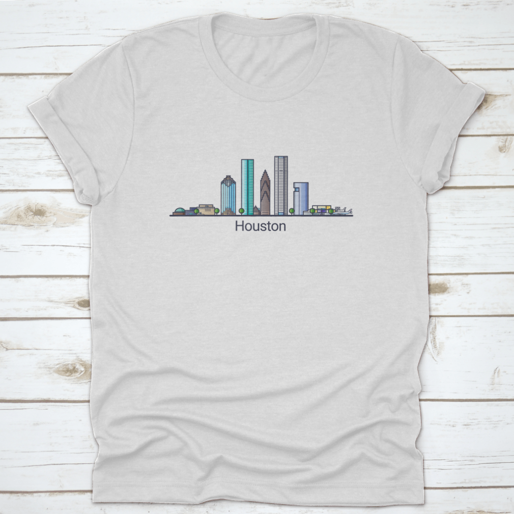 Stylish flat line design banner showcasing Houston's skyline in trendy colors, made from high-quality cotton fabric.