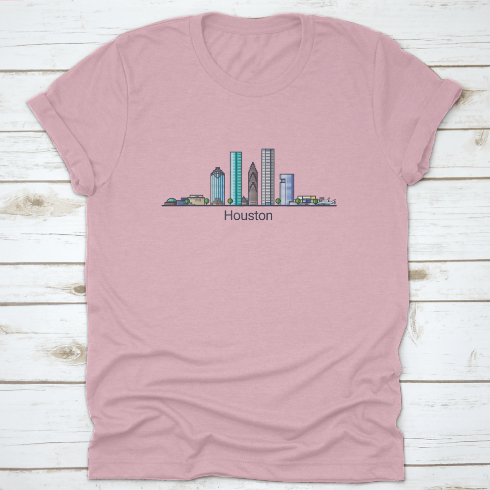 Stylish flat line design banner showcasing Houston's skyline in trendy colors, made from high-quality cotton fabric.