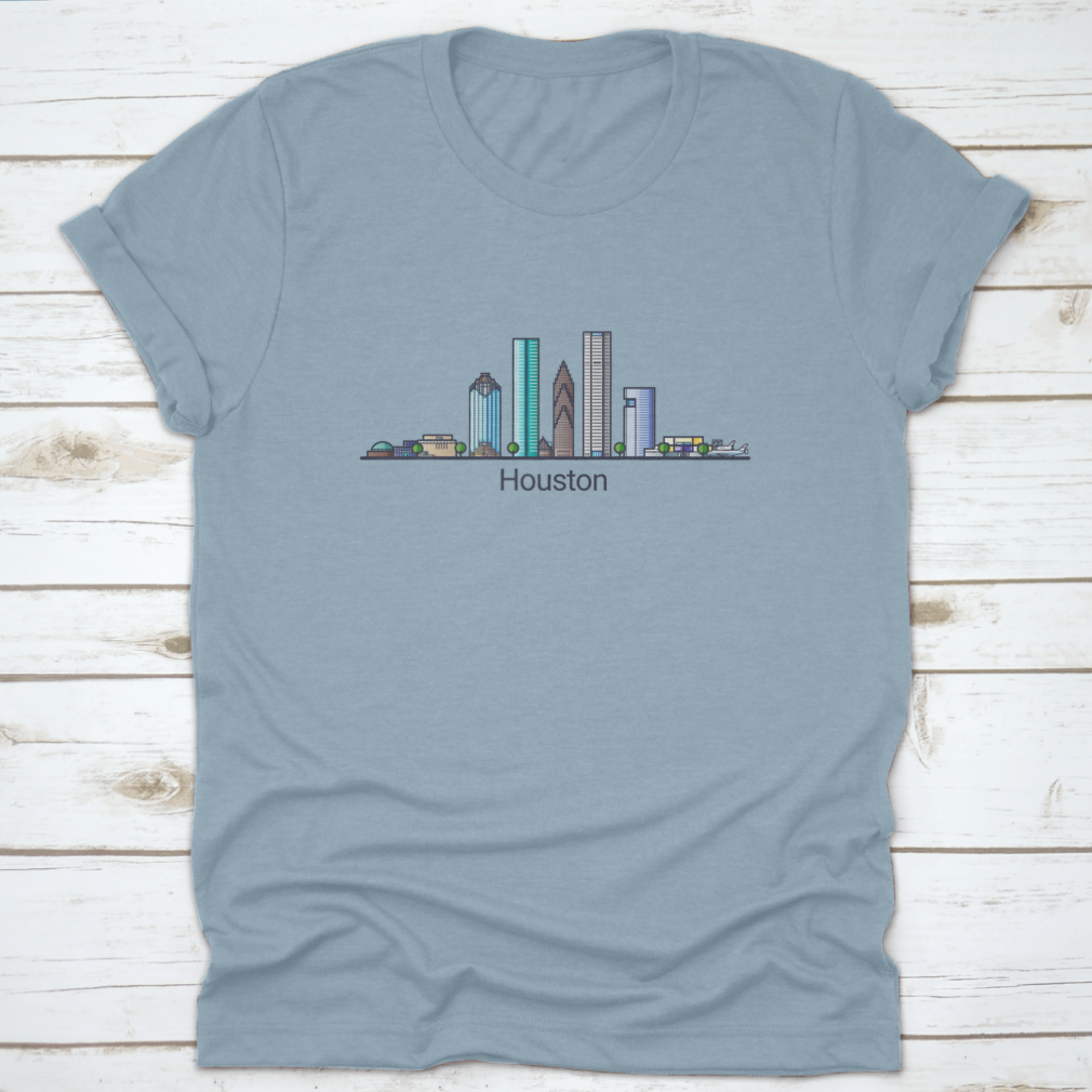 Stylish flat line design banner showcasing Houston's skyline in trendy colors, made from high-quality cotton fabric.