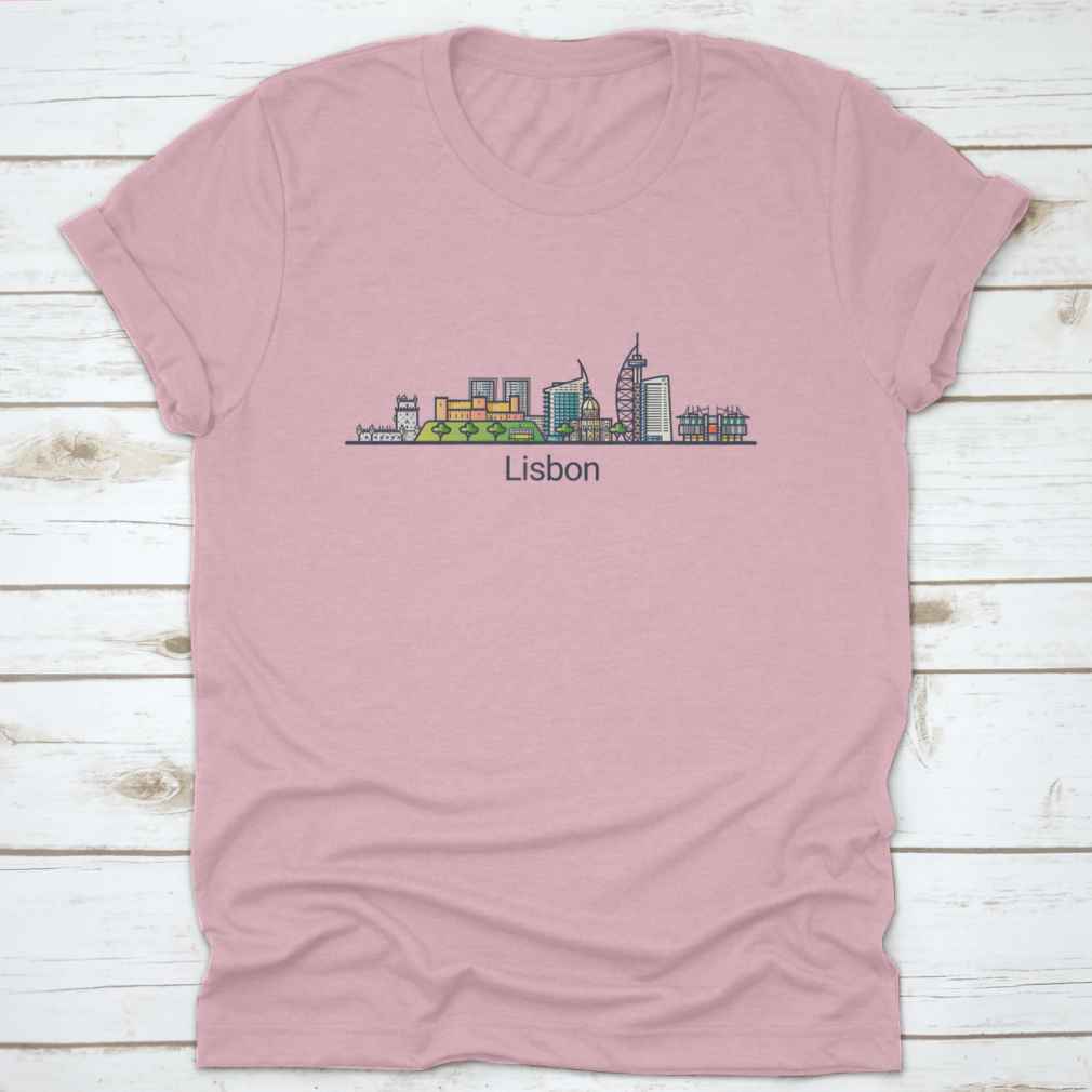 A flat line art banner depicting the iconic skyline of Lisbon City, showcasing its unique architecture and cultural landmarks in a minimalist style.