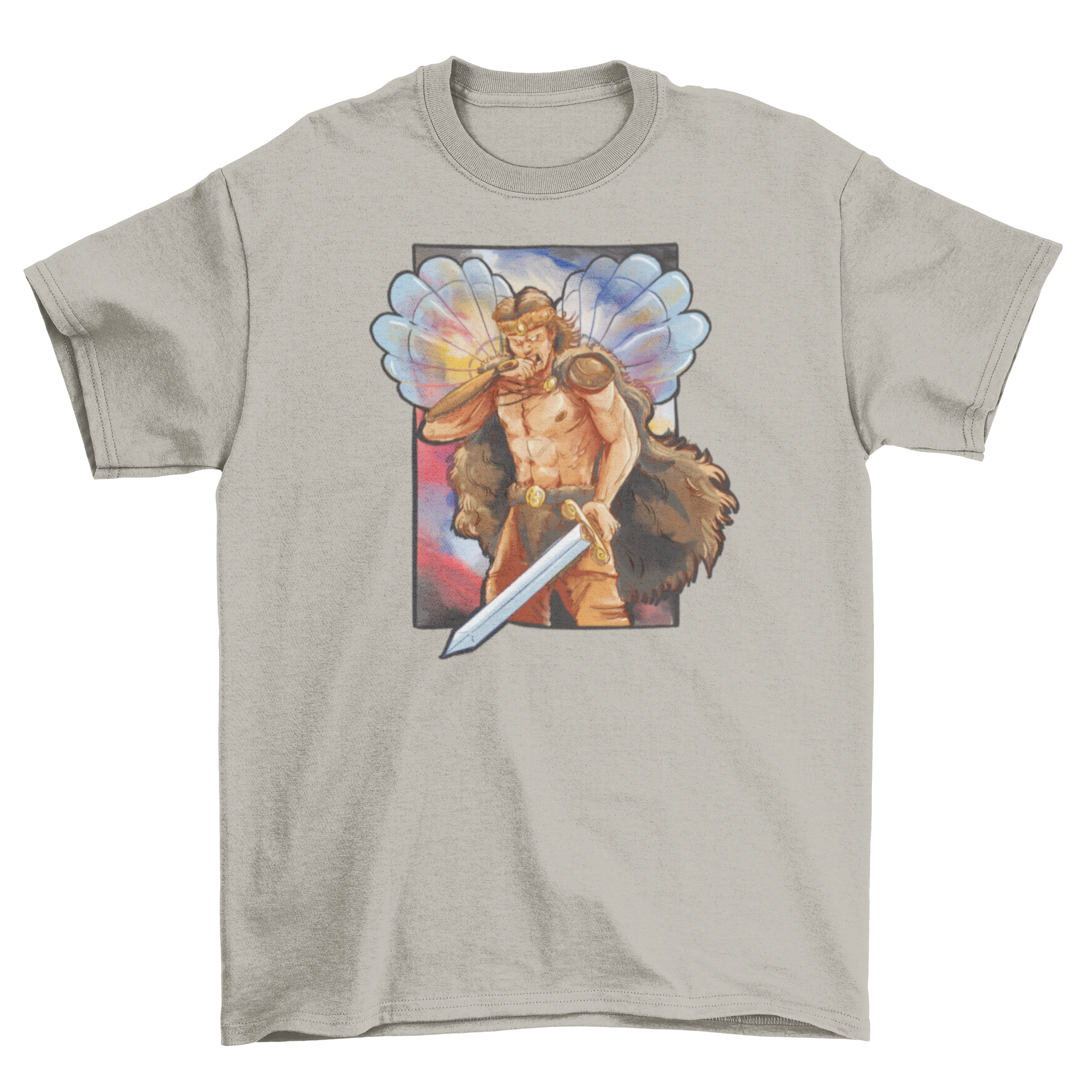 Barbarian hero t-shirt featuring a fierce warrior with a sword and two oysters, showcasing a unique and vibrant design.