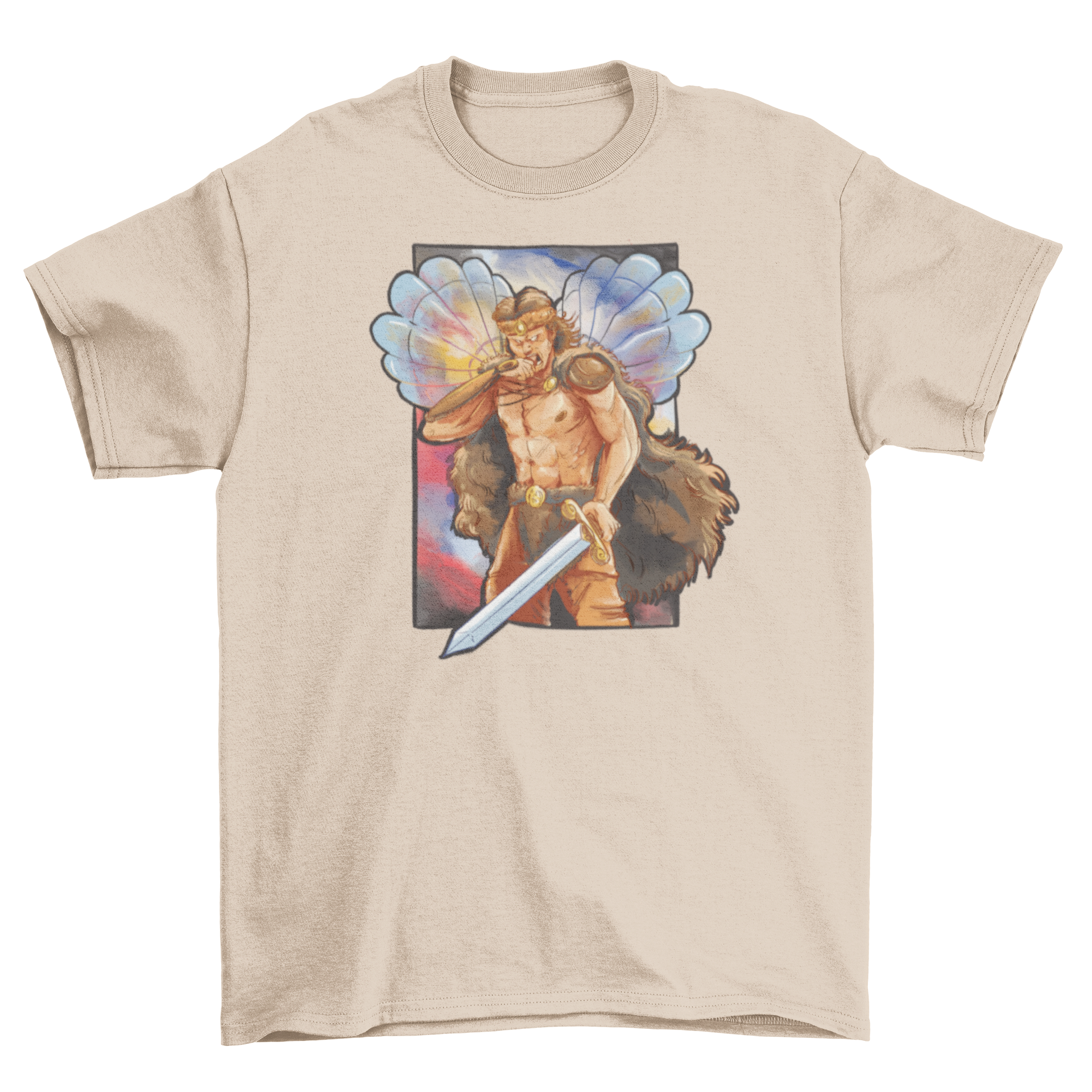 Barbarian hero t-shirt featuring a fierce warrior with a sword and two oysters, showcasing a unique and vibrant design.