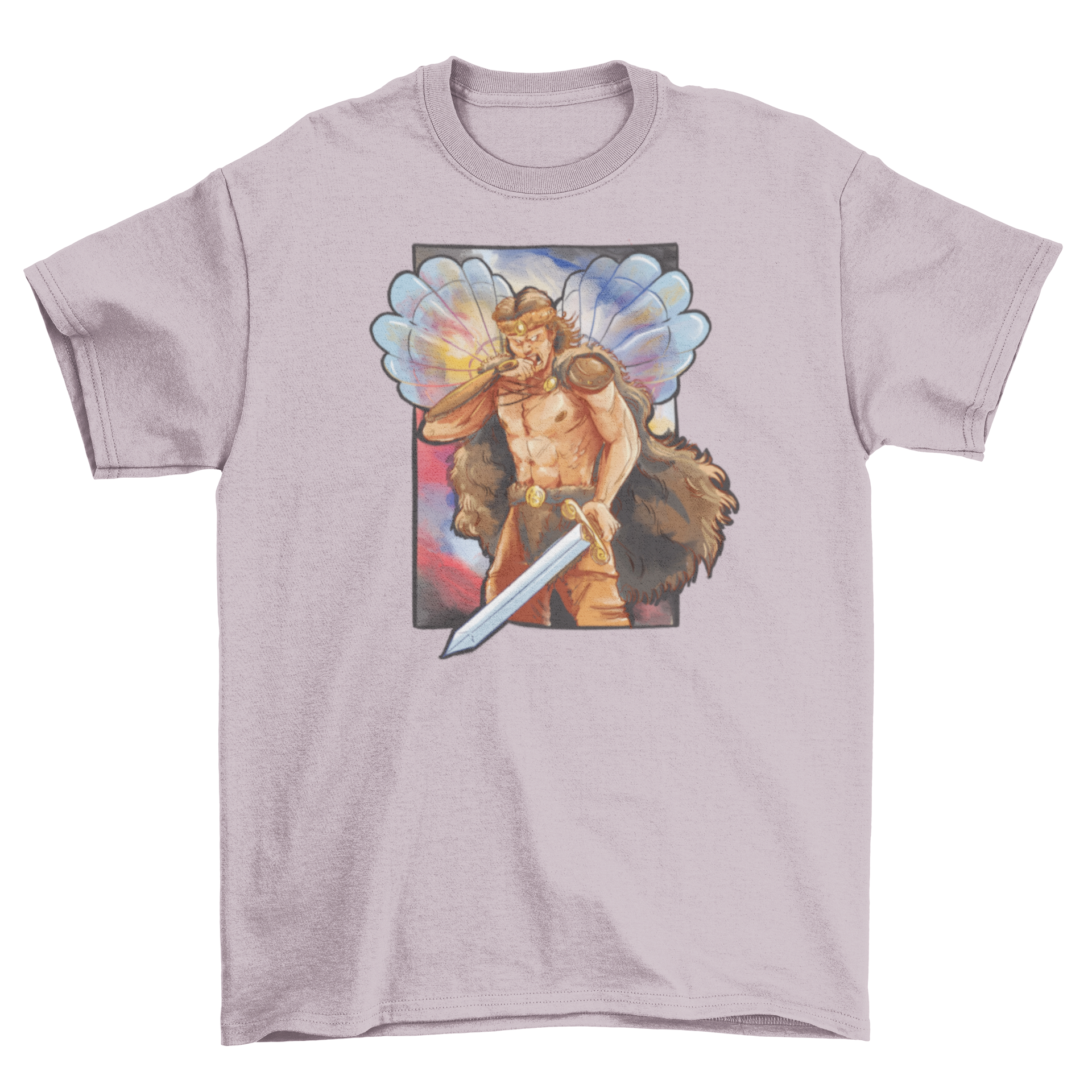 Barbarian hero t-shirt featuring a fierce warrior with a sword and two oysters, showcasing a unique and vibrant design.