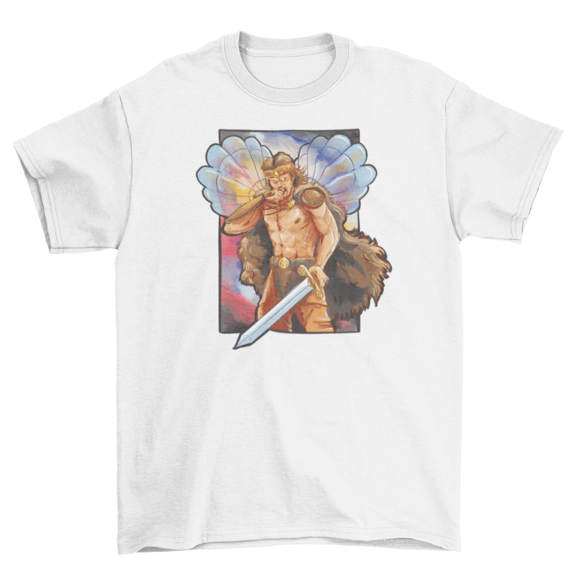 Barbarian hero t-shirt featuring a fierce warrior with a sword and two oysters, showcasing a unique and vibrant design.