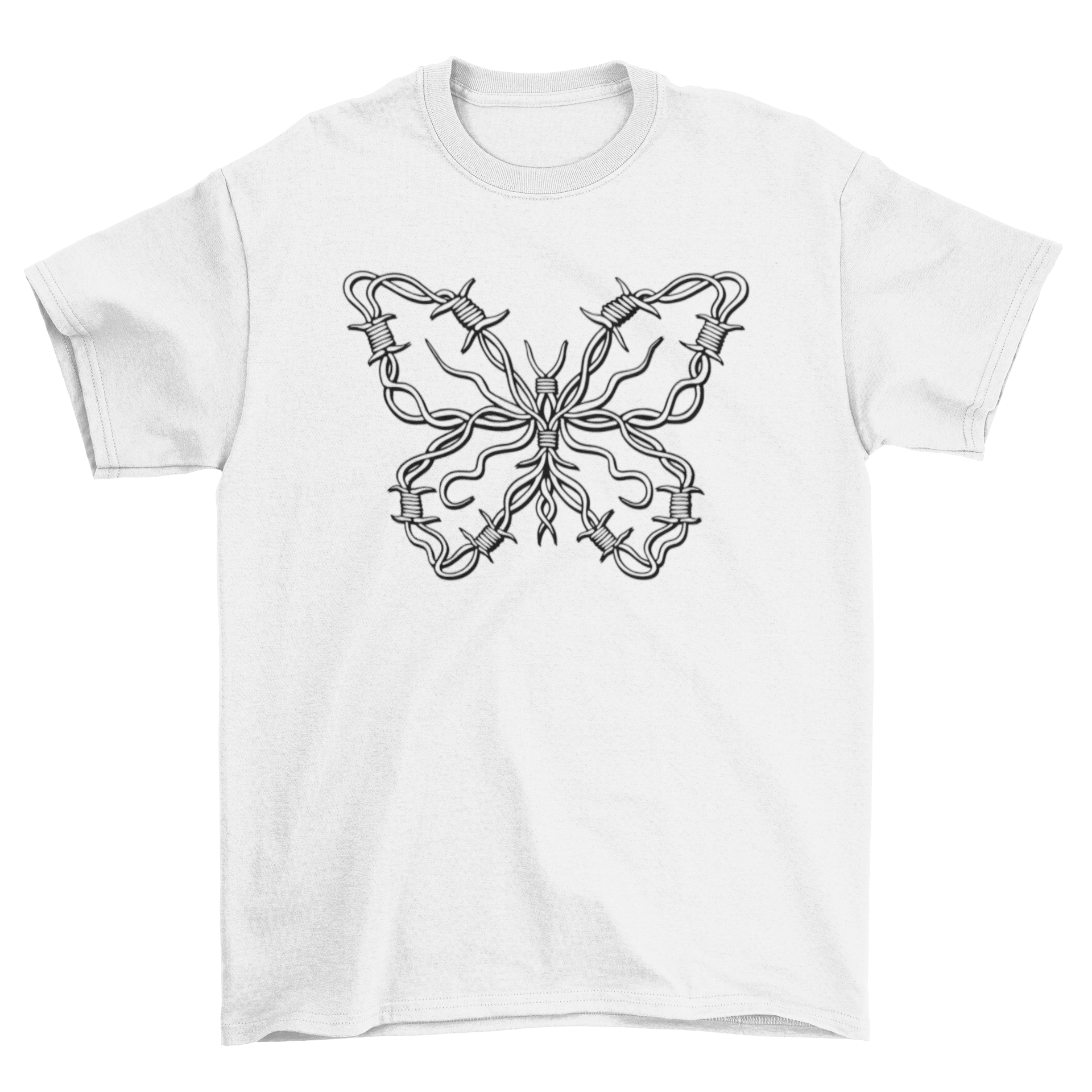 A stylish t-shirt featuring a barbed wire butterfly design in line art style, showcasing a unique blend of beauty and edge.