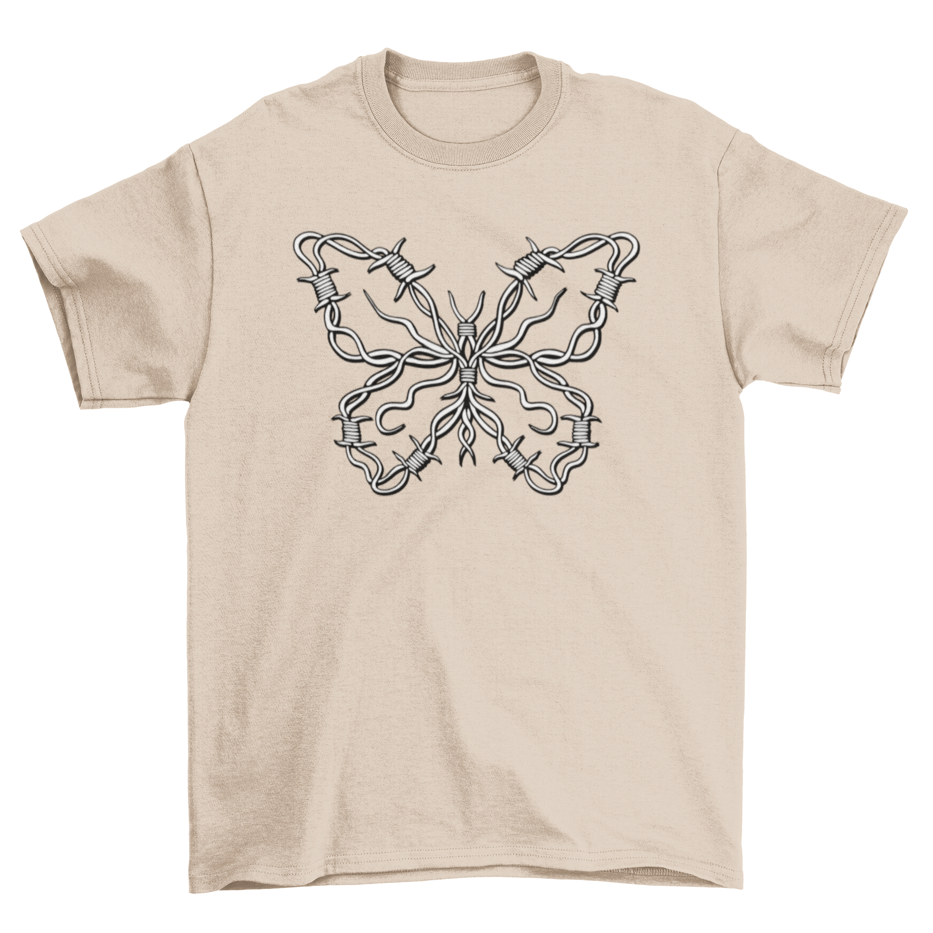 A stylish t-shirt featuring a barbed wire butterfly design in line art style, showcasing a unique blend of beauty and edge.