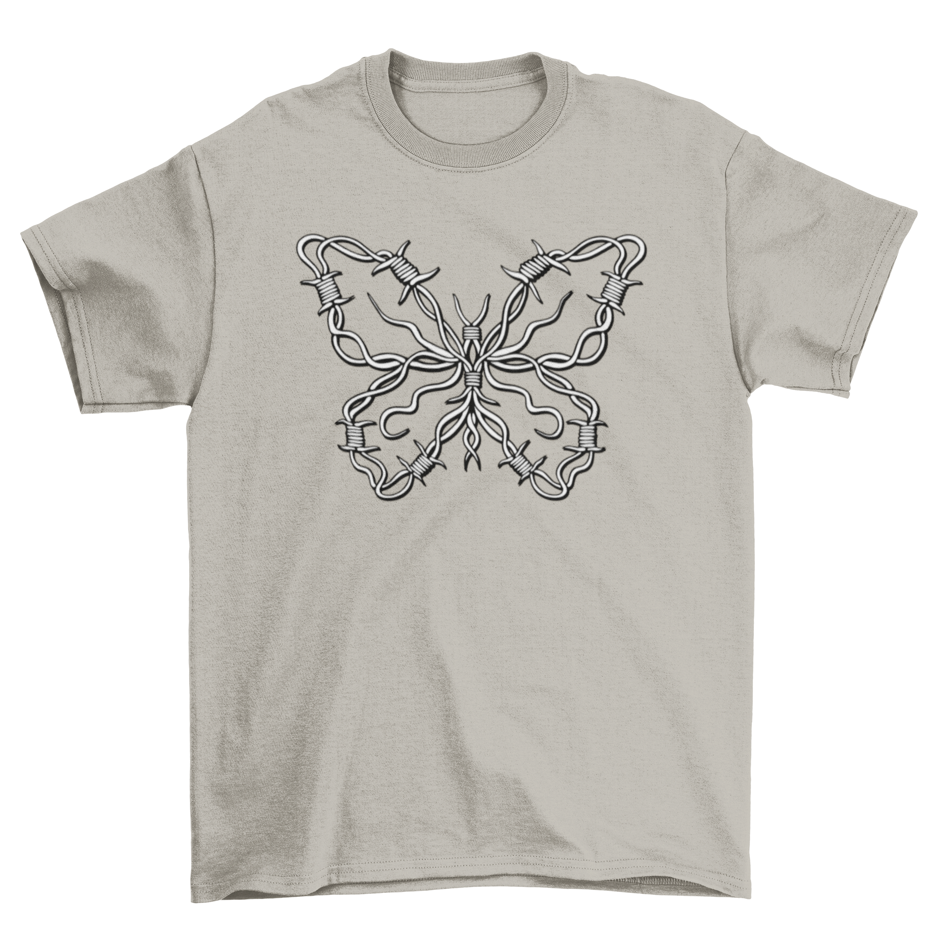 A stylish t-shirt featuring a barbed wire butterfly design in line art style, showcasing a unique blend of beauty and edge.