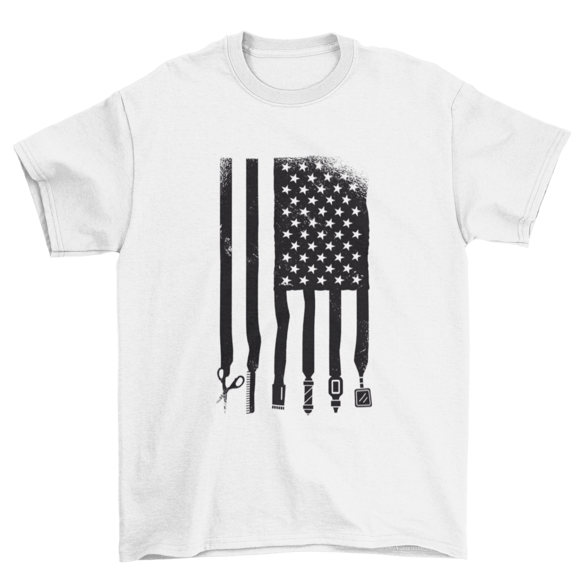 Barber USA Flag T-Shirt featuring American flag design with barber elements, perfect for barbers and enthusiasts.