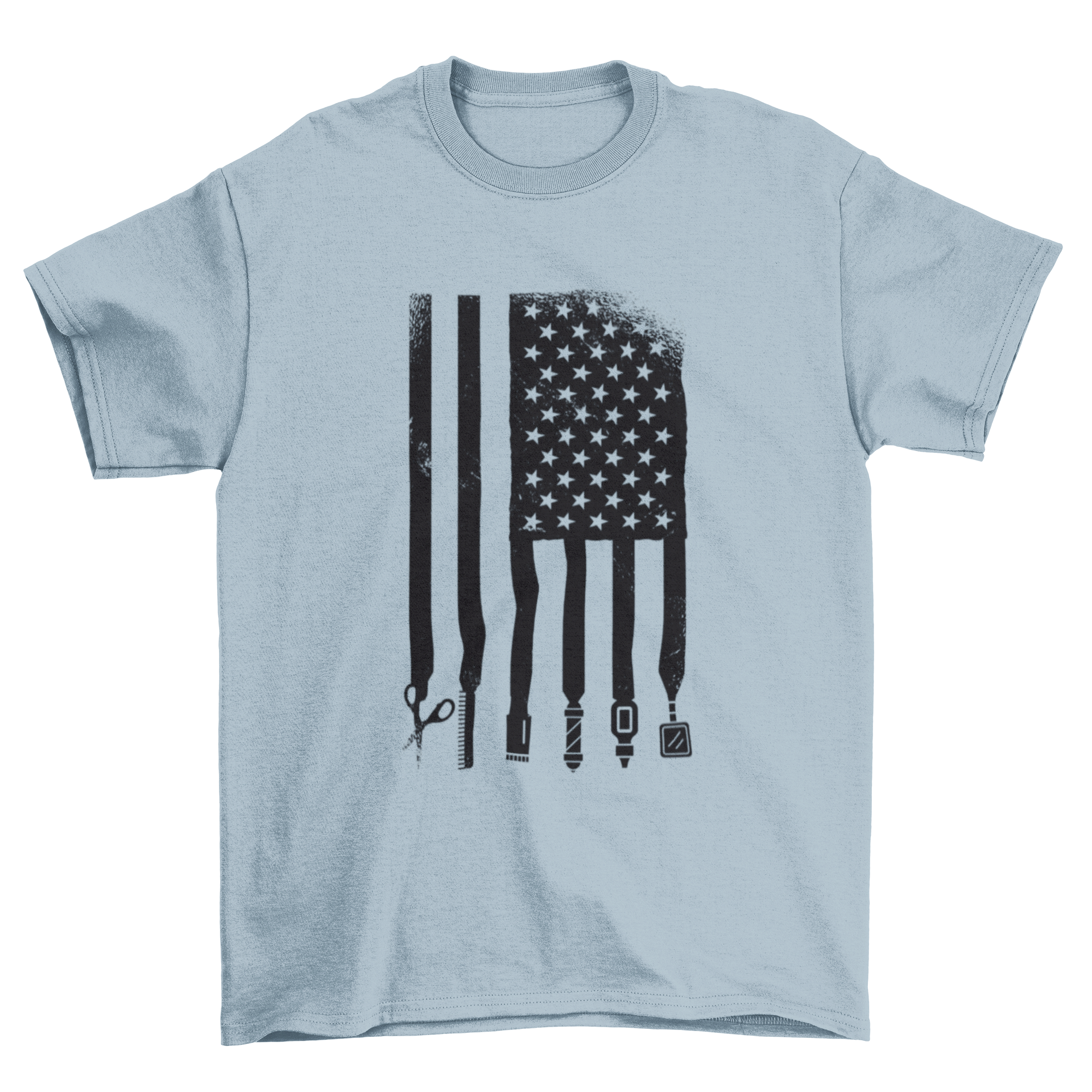 Barber USA Flag T-Shirt featuring American flag design with barber elements, perfect for barbers and enthusiasts.