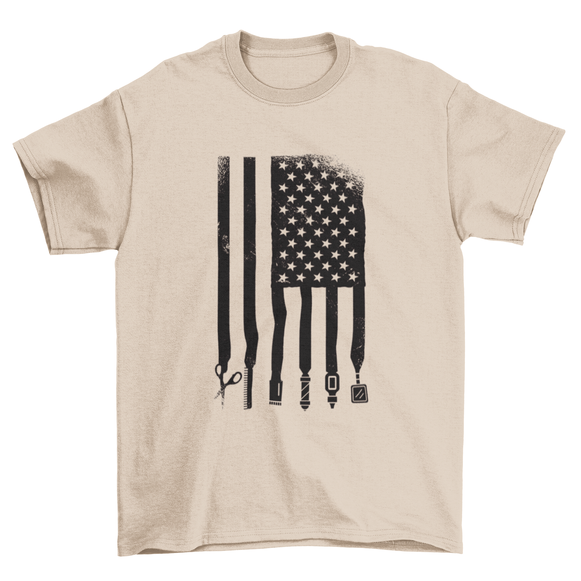 Barber USA Flag T-Shirt featuring American flag design with barber elements, perfect for barbers and enthusiasts.