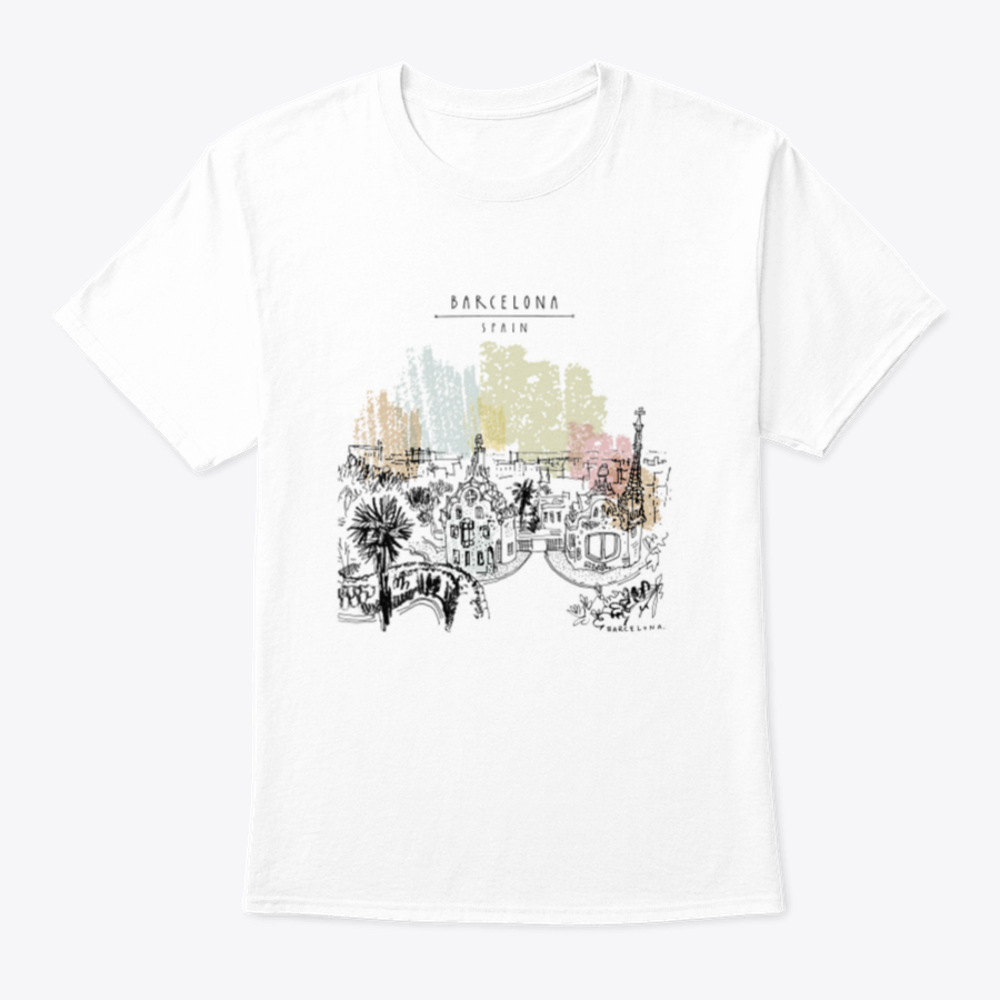 A stylish t-shirt featuring Park Guell and panoramic views of Barcelona, showcasing vibrant colors and a classic fit design.