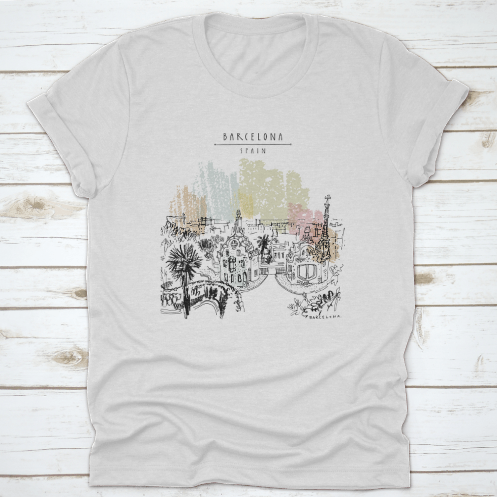 A stylish t-shirt featuring Park Guell and panoramic views of Barcelona, showcasing vibrant colors and a classic fit design.