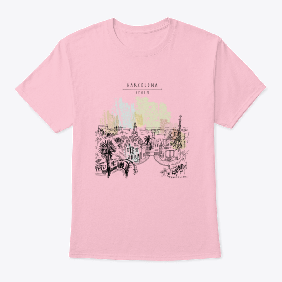 A stylish t-shirt featuring Park Guell and panoramic views of Barcelona, showcasing vibrant colors and a classic fit design.