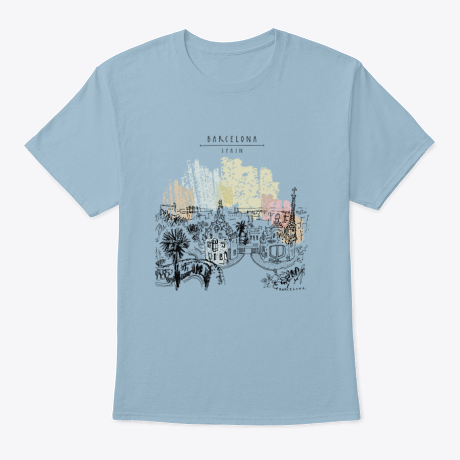 A stylish t-shirt featuring Park Guell and panoramic views of Barcelona, showcasing vibrant colors and a classic fit design.