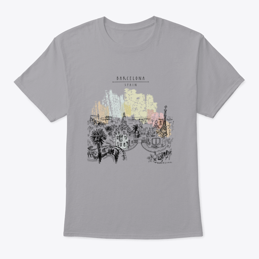 A stylish t-shirt featuring Park Guell and panoramic views of Barcelona, showcasing vibrant colors and a classic fit design.