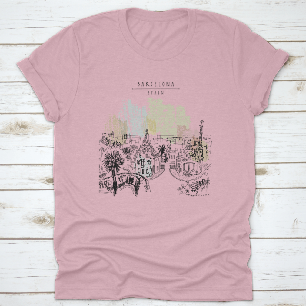 A stylish t-shirt featuring Park Guell and panoramic views of Barcelona, showcasing vibrant colors and a classic fit design.