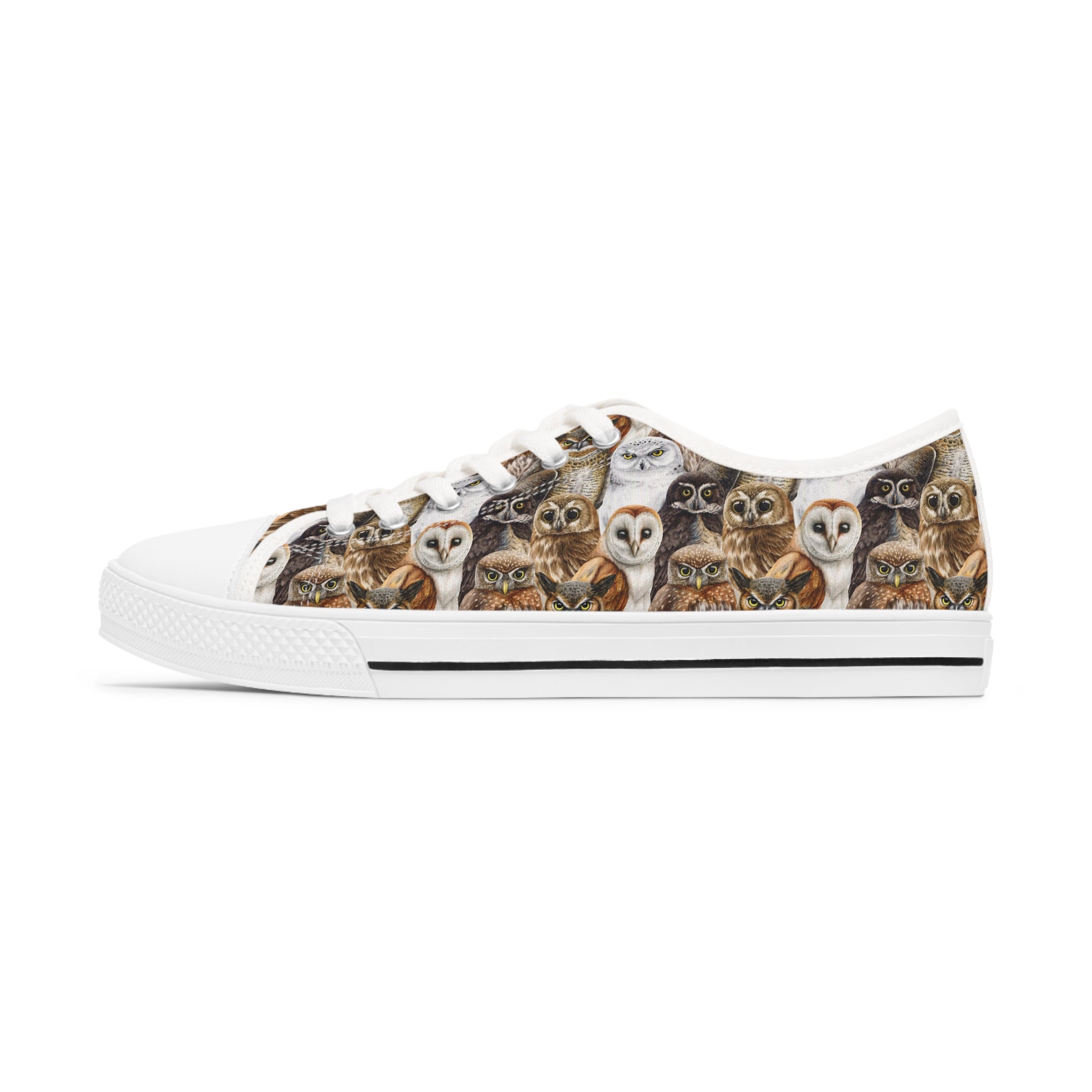 Barn Owl Women's Low Top Sneakers in black and white options with breathable canvas and memory foam insoles.