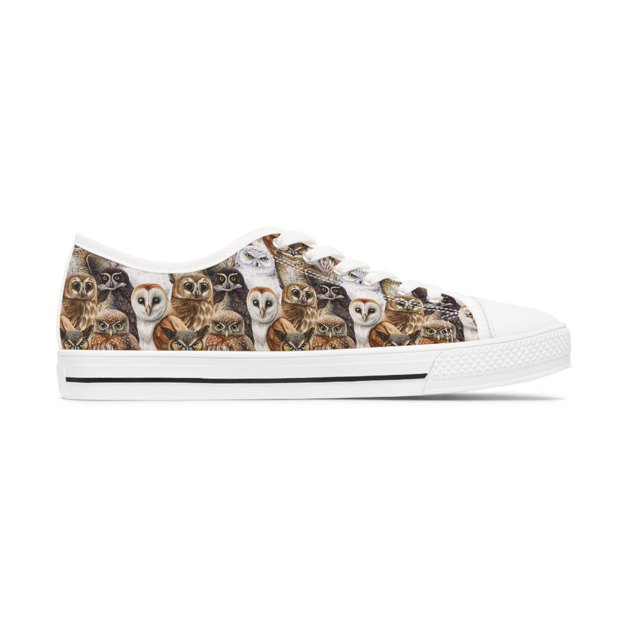 Barn Owl Women's Low Top Sneakers in black and white options with breathable canvas and memory foam insoles.