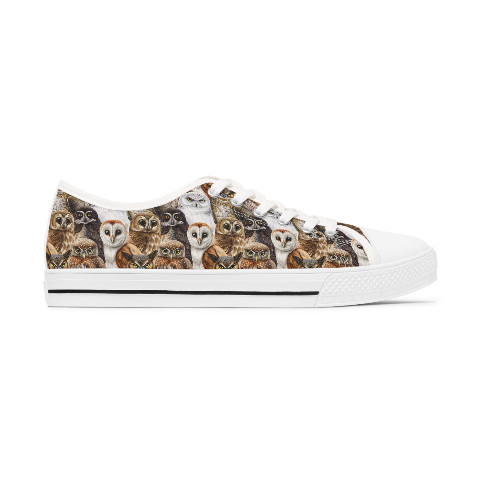 Barn Owl Women's Low Top Sneakers in black and white options with breathable canvas and memory foam insoles.