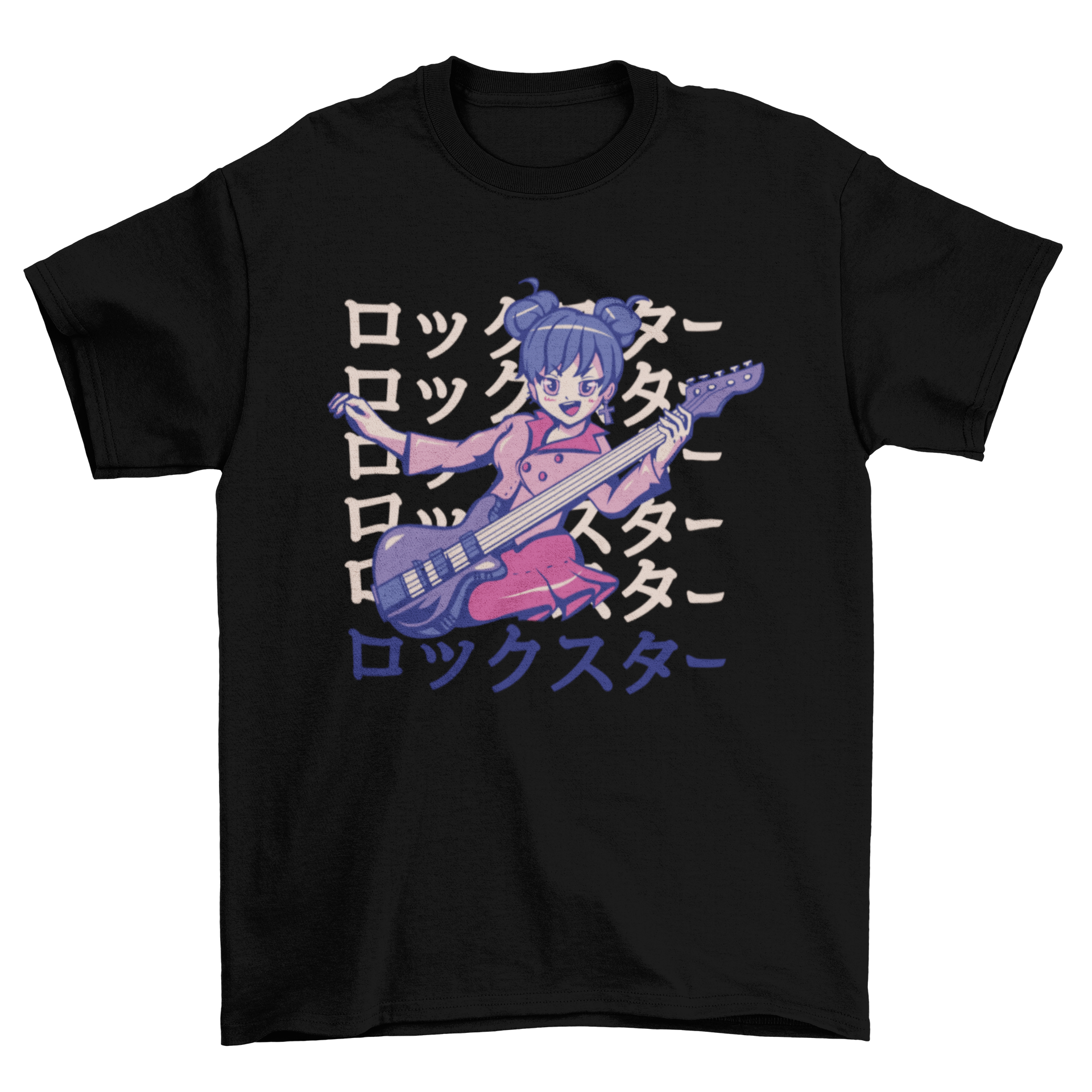 A vibrant anime girl holding an electric bass guitar with the Japanese quote 'Rockstar' on a stylish t-shirt design.