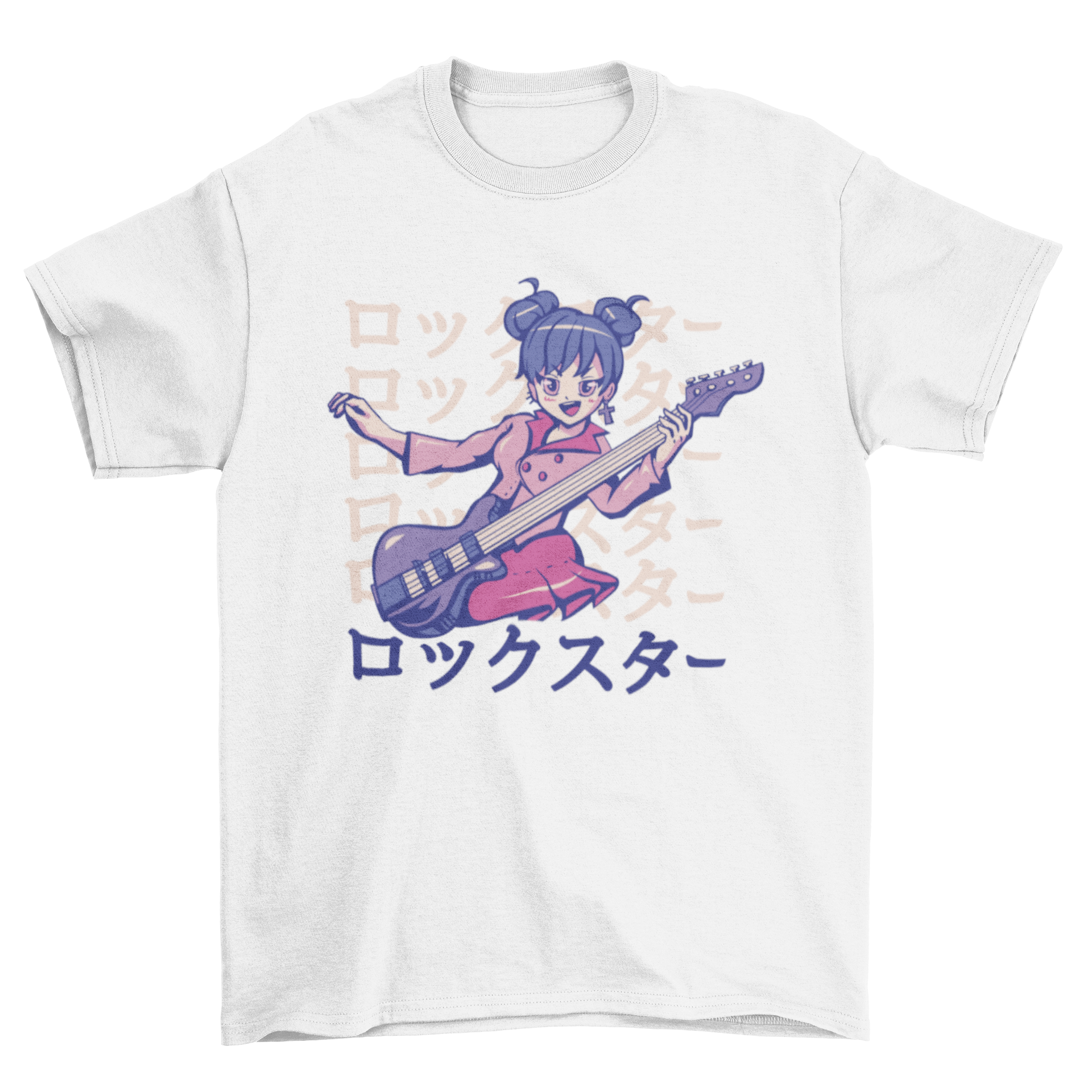 A vibrant anime girl holding an electric bass guitar with the Japanese quote 'Rockstar' on a stylish t-shirt design.