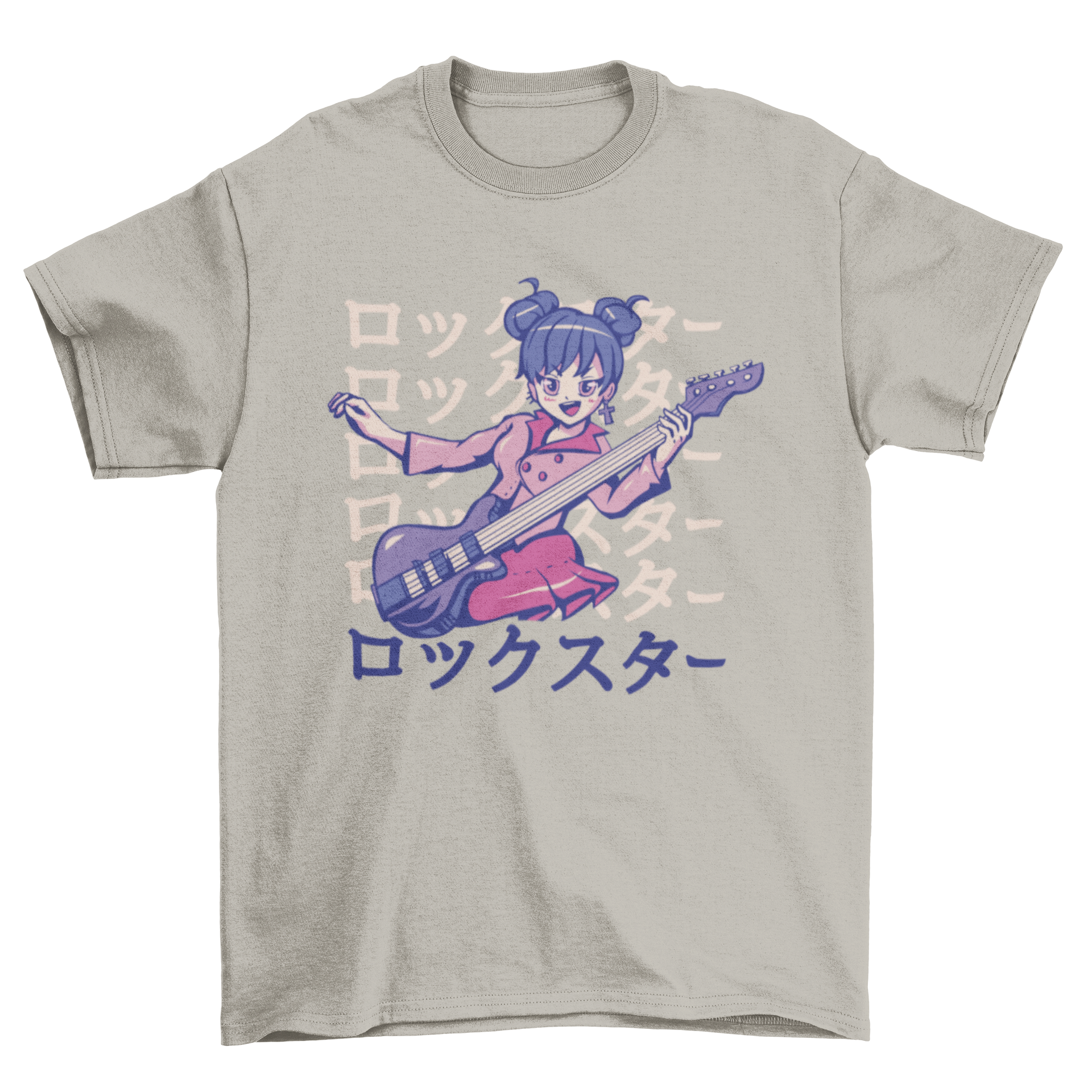 A vibrant anime girl holding an electric bass guitar with the Japanese quote 'Rockstar' on a stylish t-shirt design.