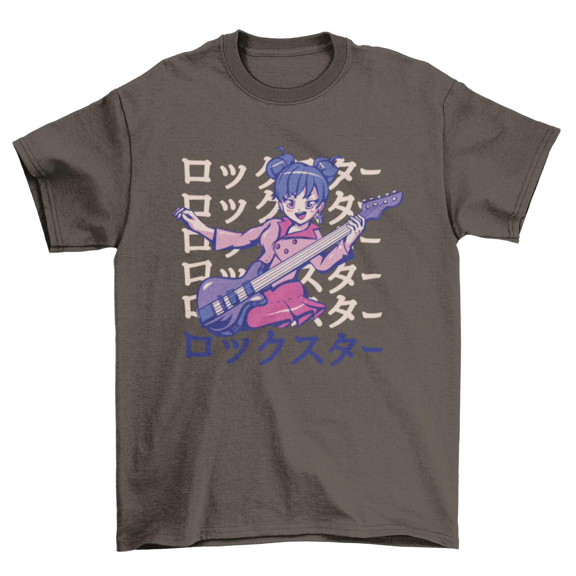 A vibrant anime girl holding an electric bass guitar with the Japanese quote 'Rockstar' on a stylish t-shirt design.