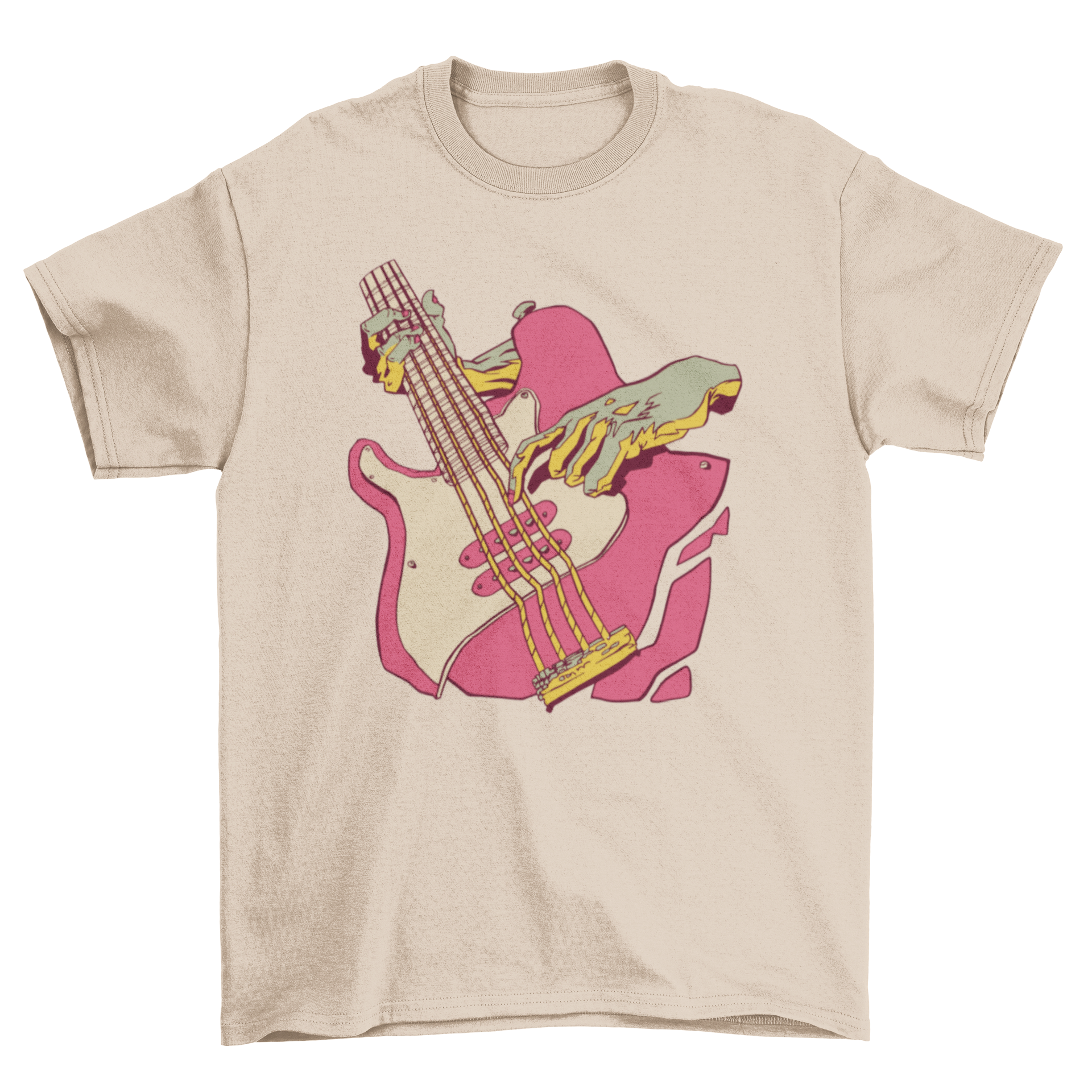 A stylish t-shirt featuring a graphic of hands playing a bass guitar, perfect for music lovers.